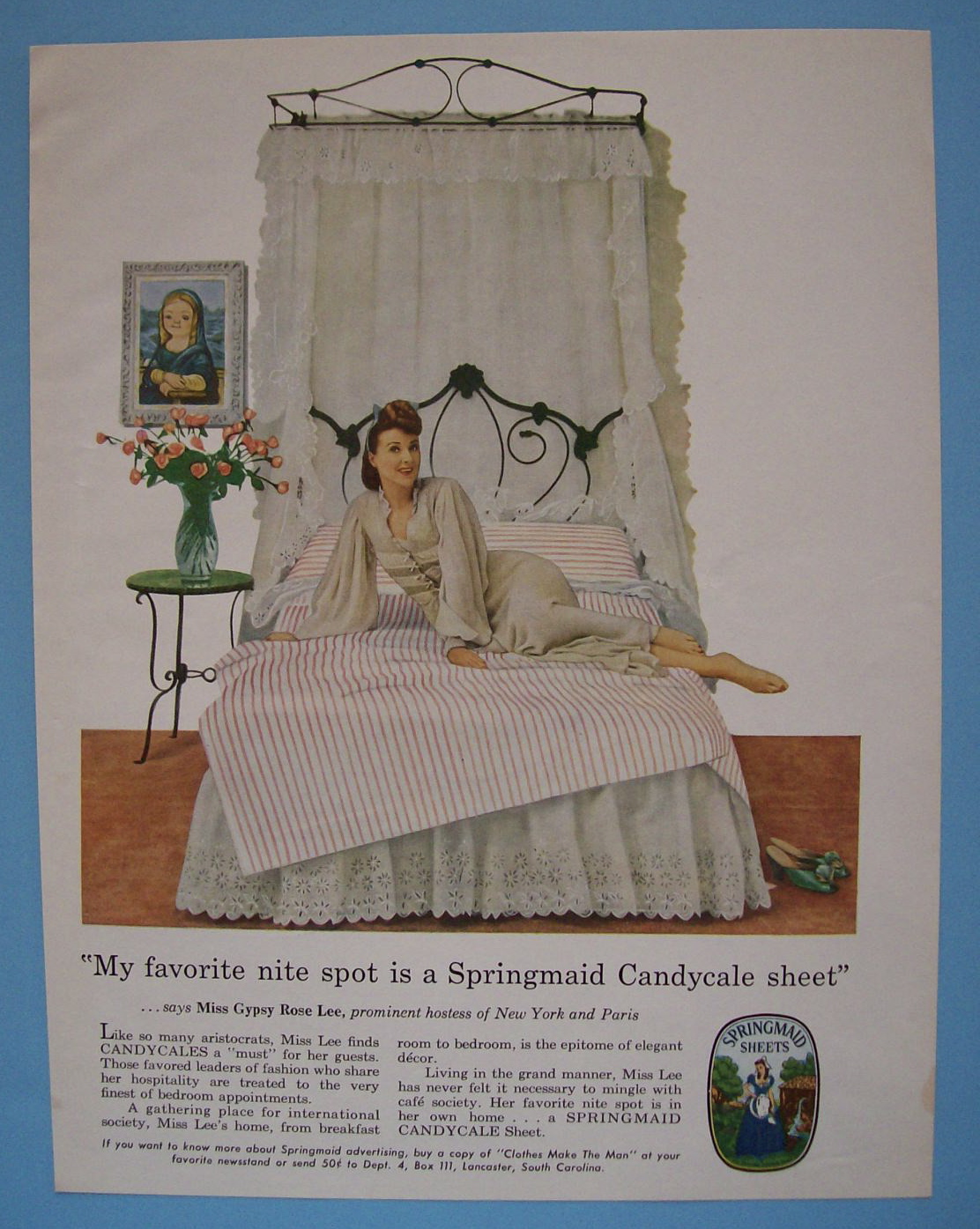 Vintage Ad: 1955 Springmaid Candycale Sheet w/Rose Lee