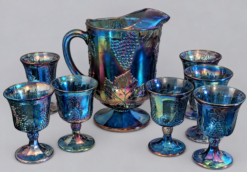 Carnival glass icd tea set lighting contrast