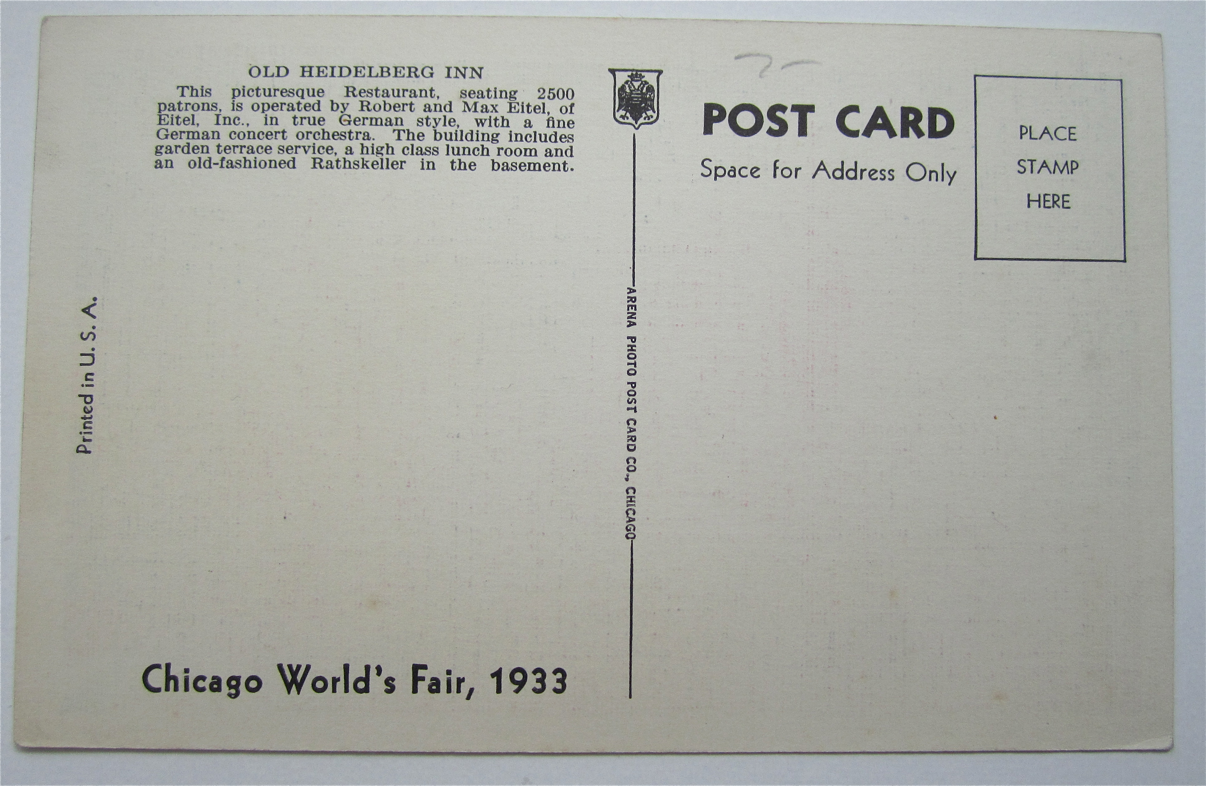 Old Heidelberg Inn, Chicago World's Fair Postcard