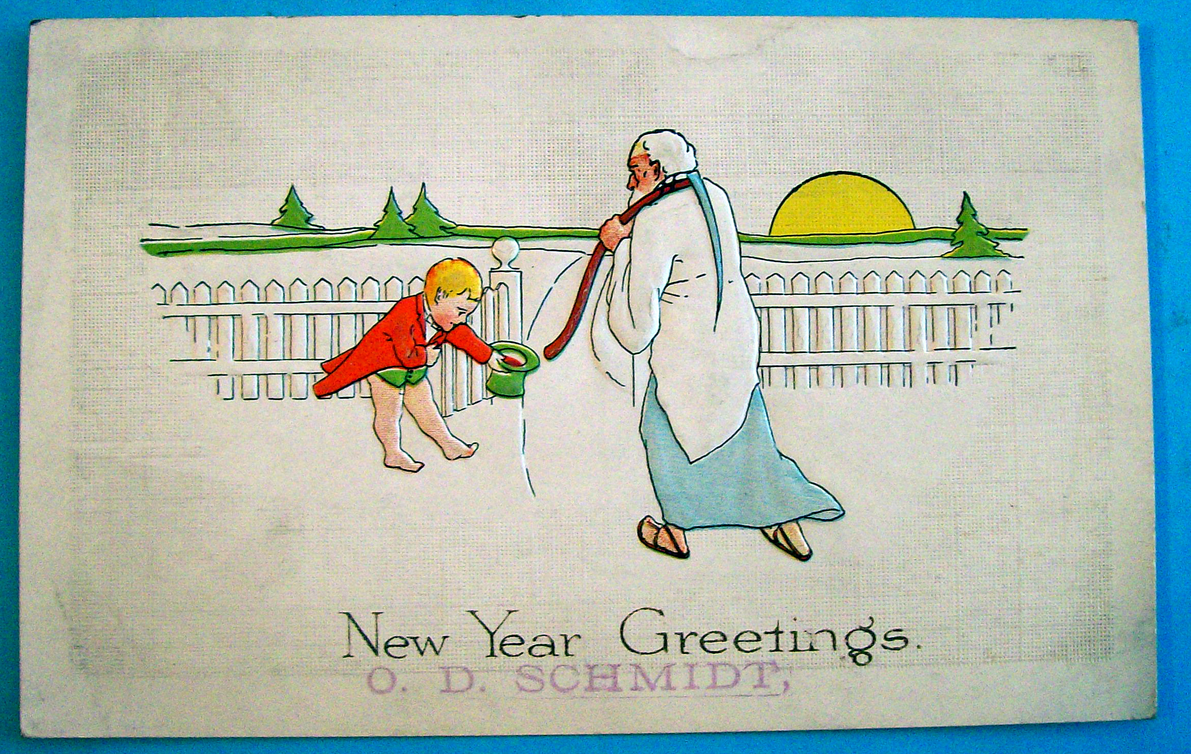New Year Greetings Postcard w/ Boy Opening Gate For Man