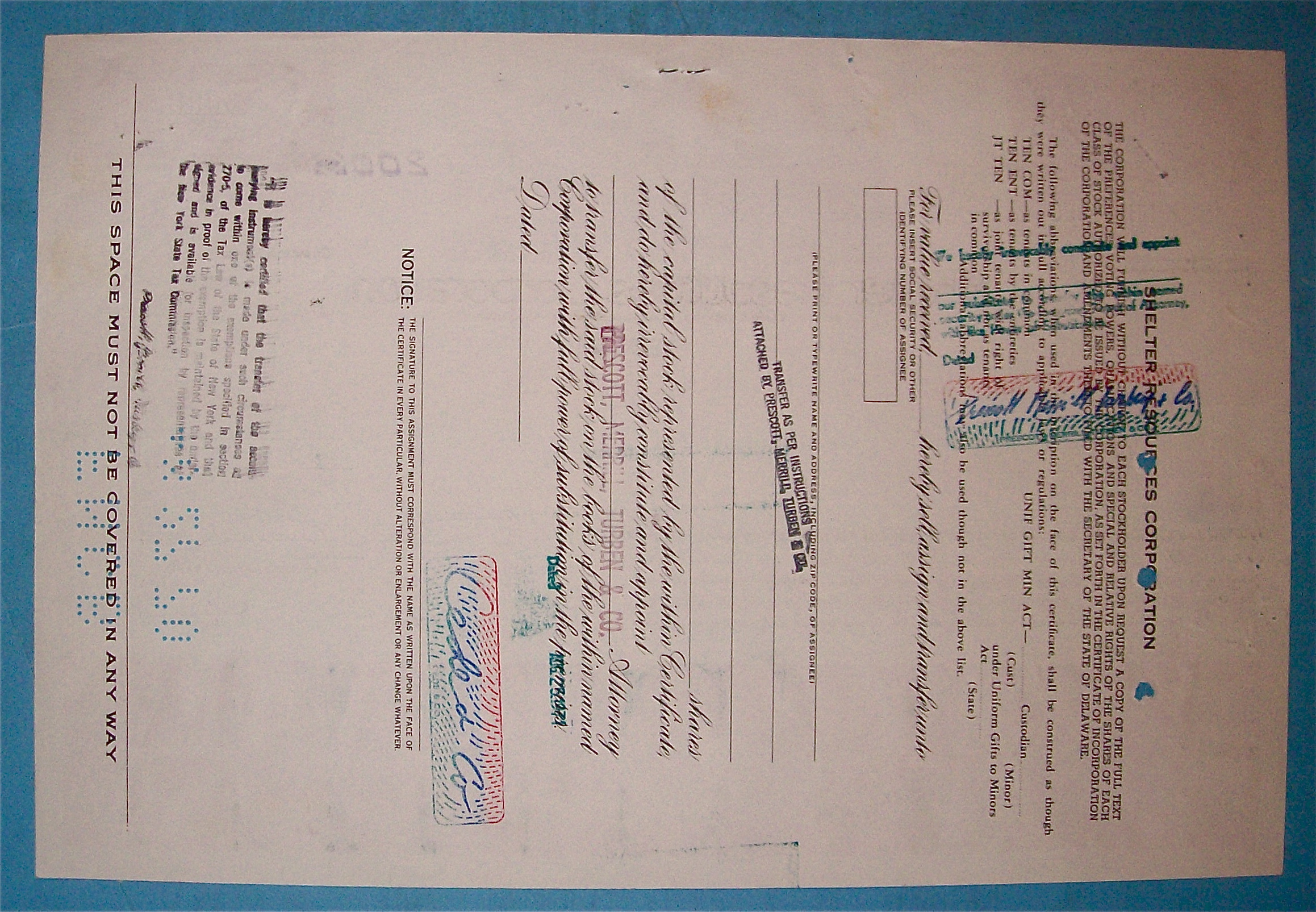 1971 Shelter Resources Corporation Stock Certificate