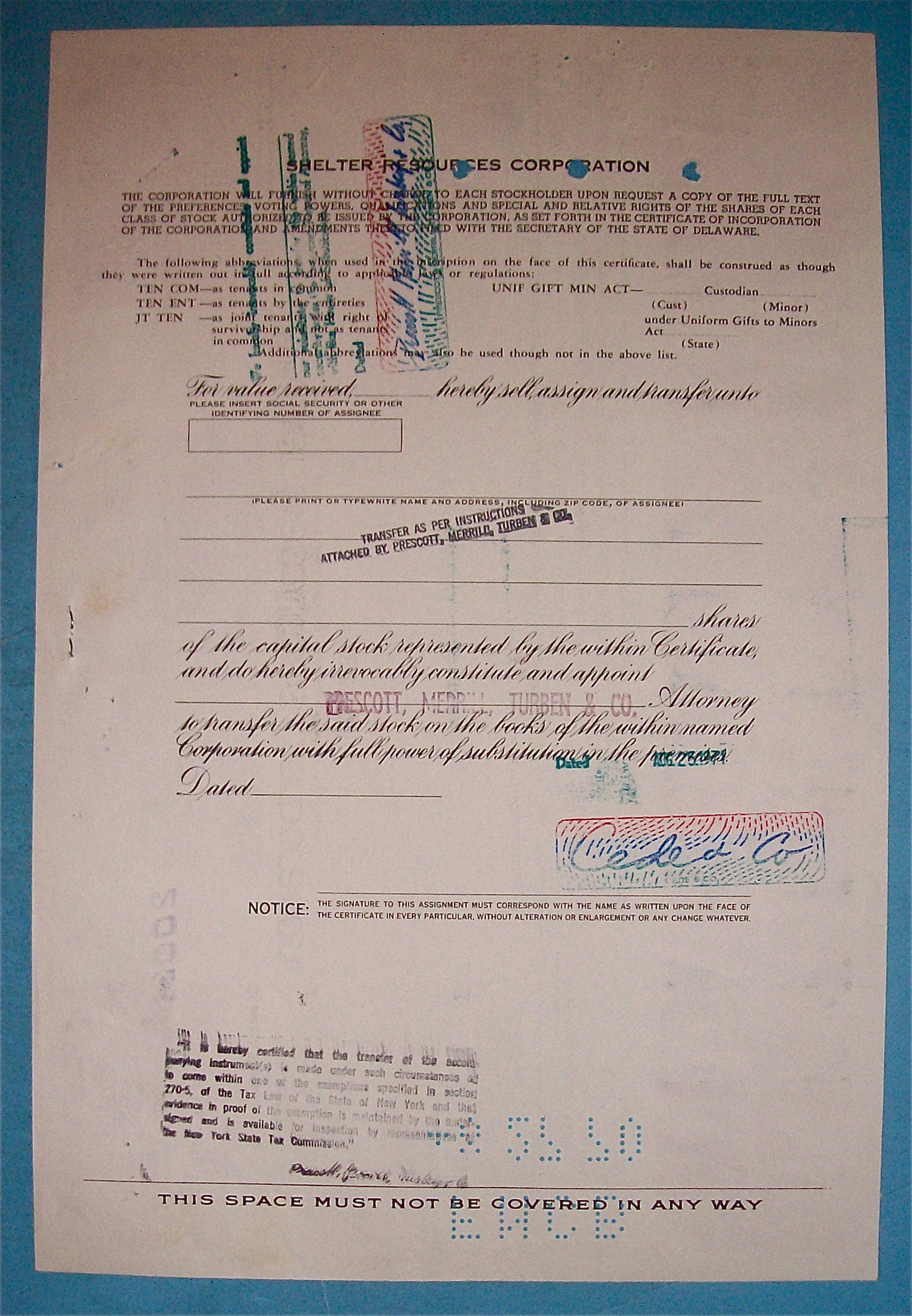 1971 Shelter Resources Corporation Stock Certificate
