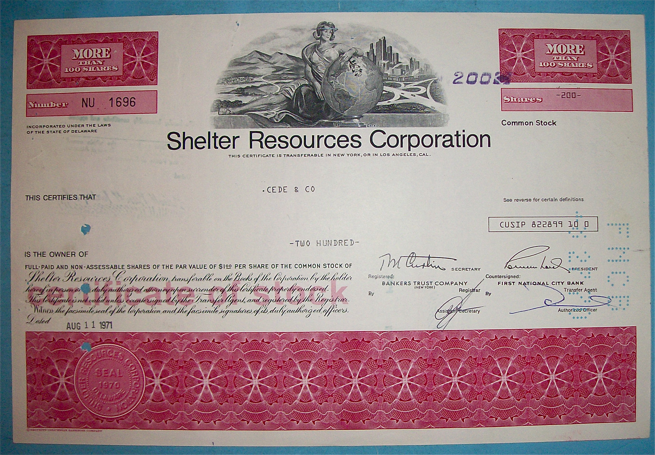 1971 Shelter Resources Corporation Stock Certificate