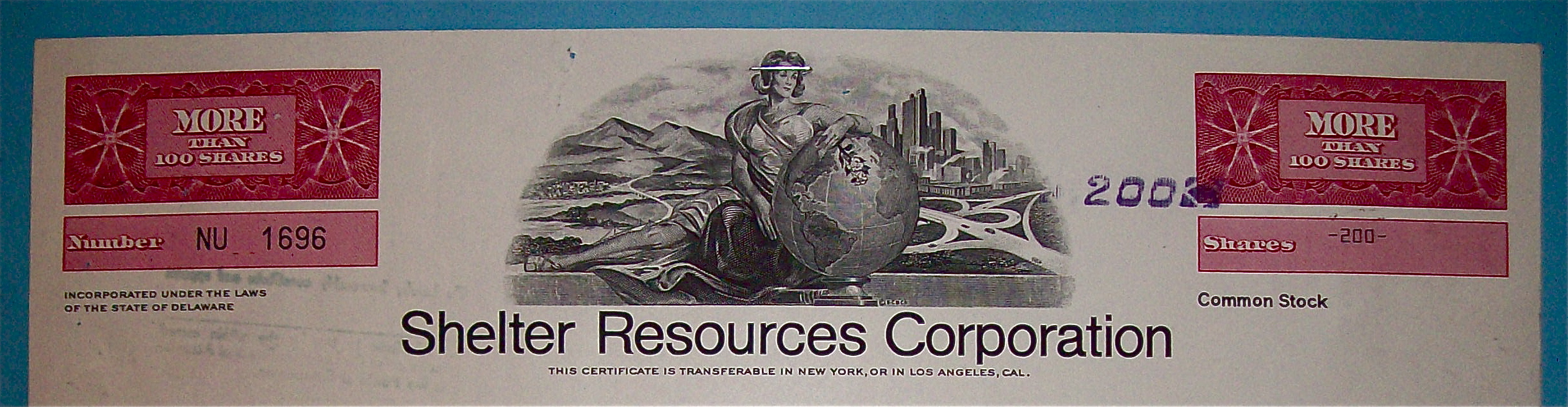 1971 Shelter Resources Corporation Stock Certificate