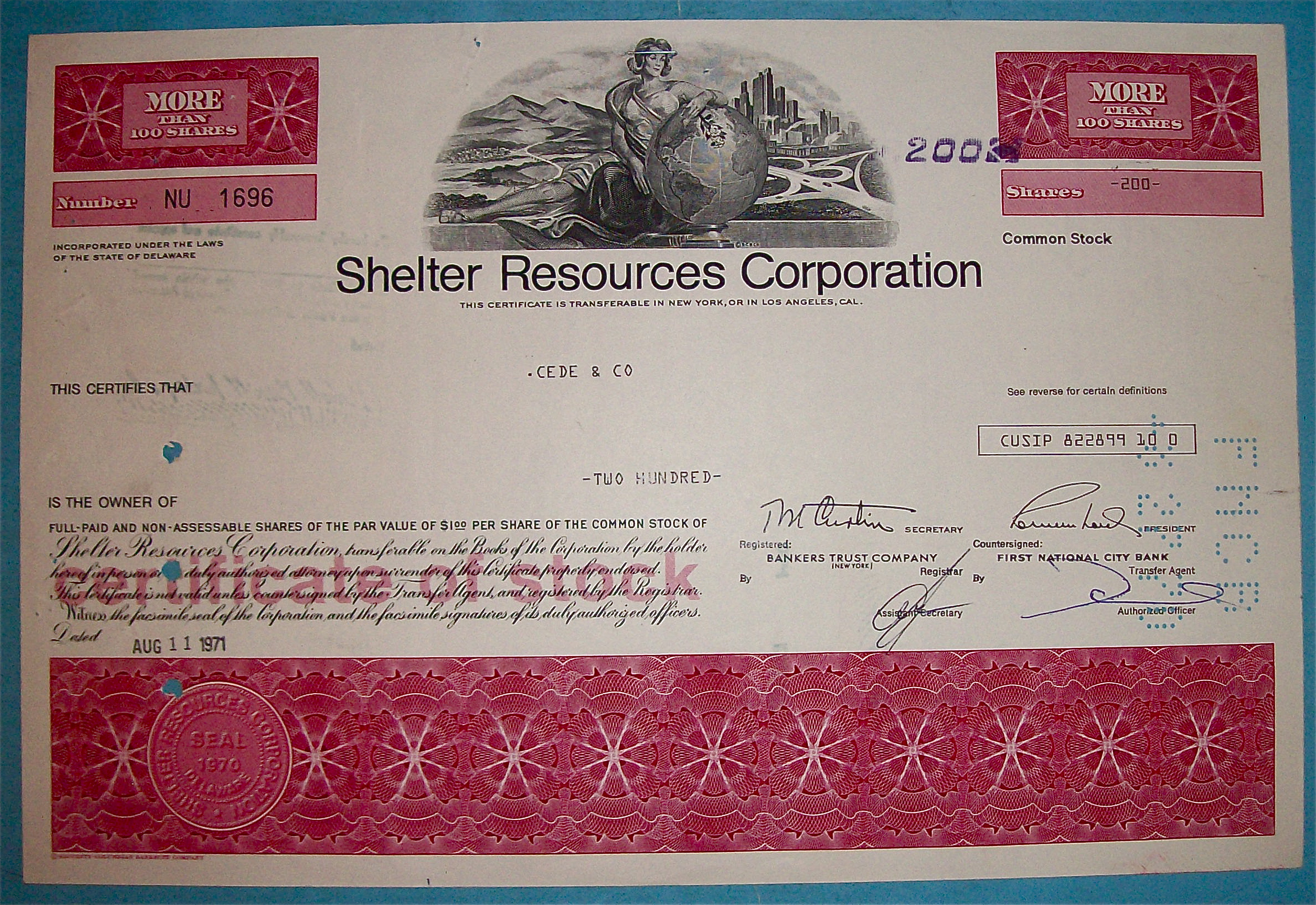 1971 Shelter Resources Corporation Stock Certificate