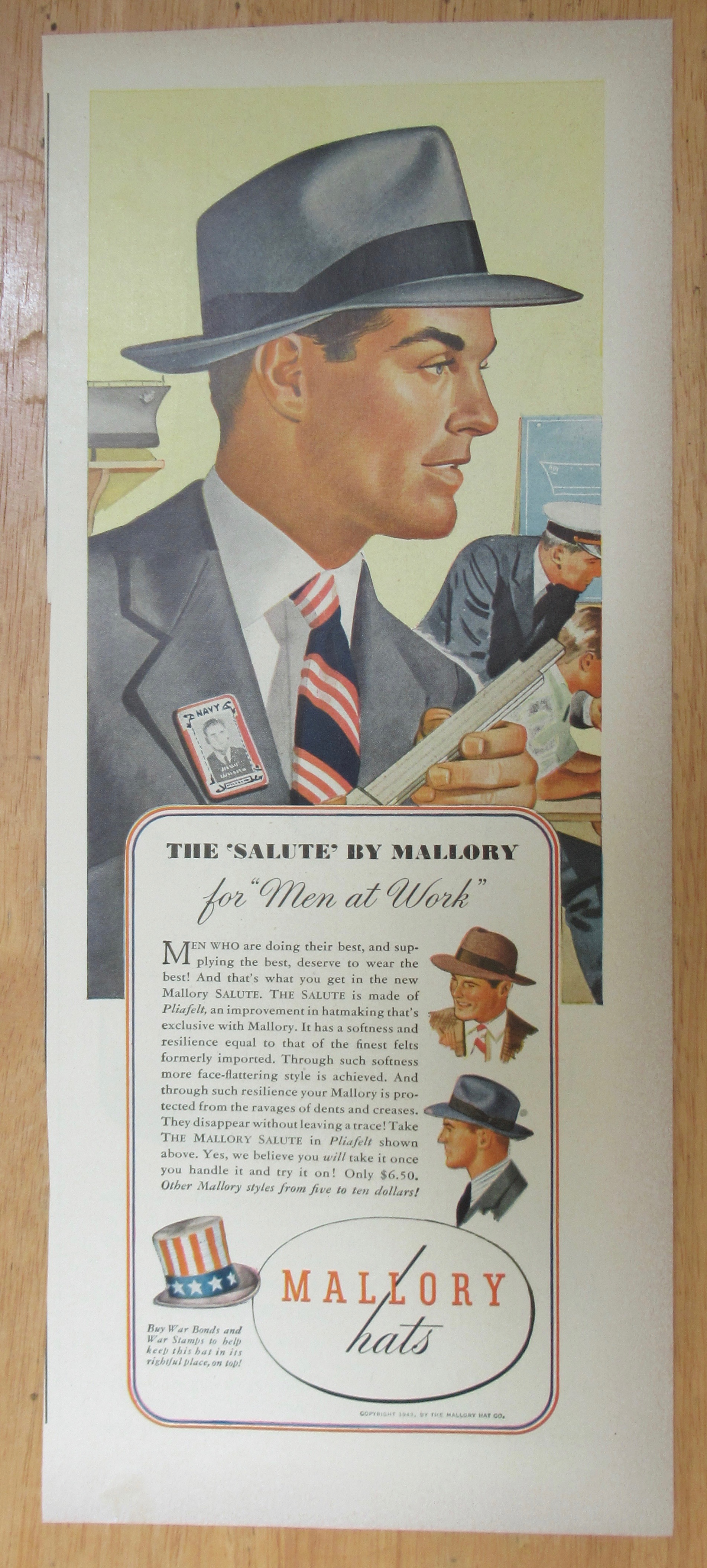1943 Mallory Hats with a Man Wearing the Salute Hat