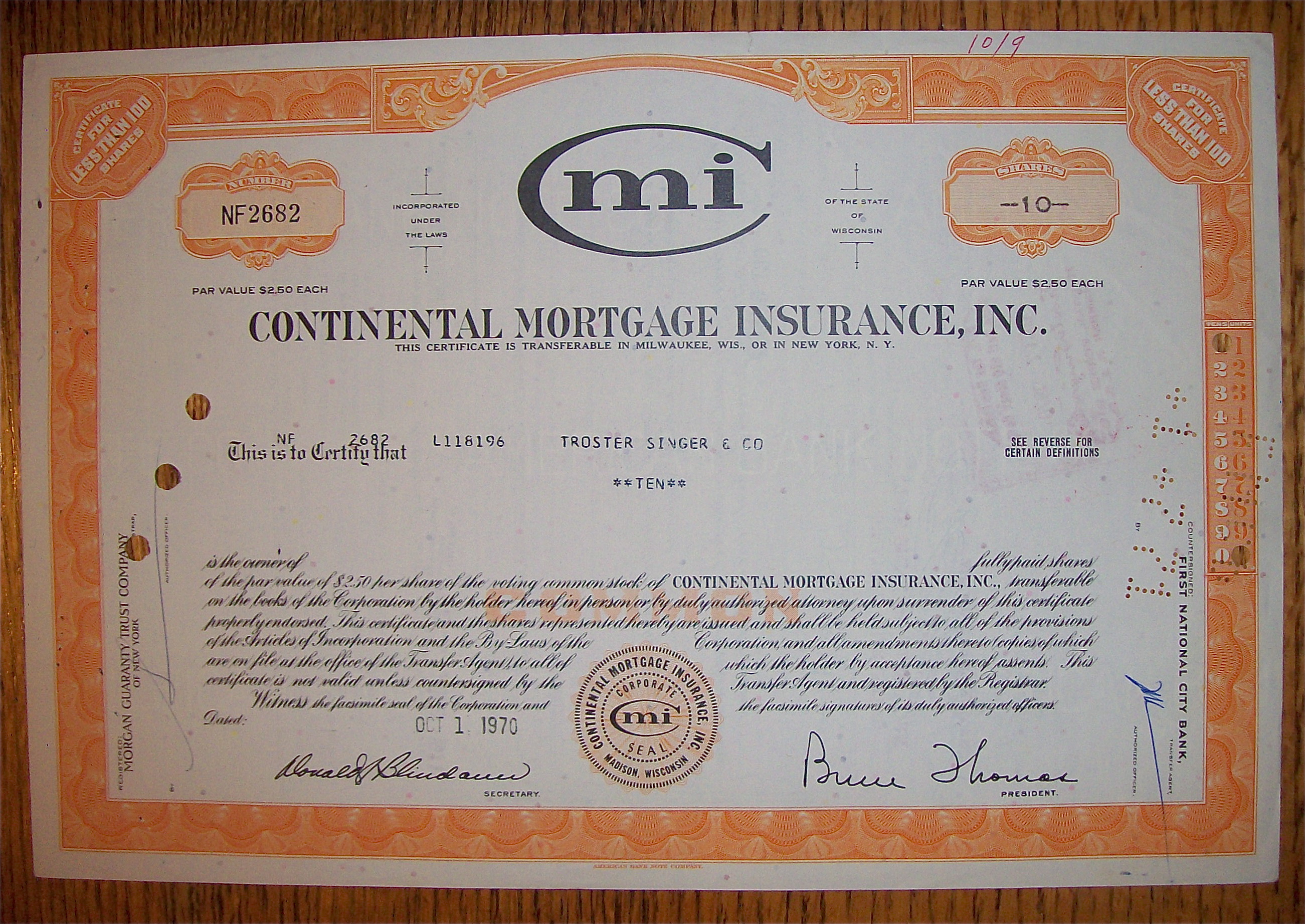 1970 Continental Mortgage Insurance Stock Certificate
