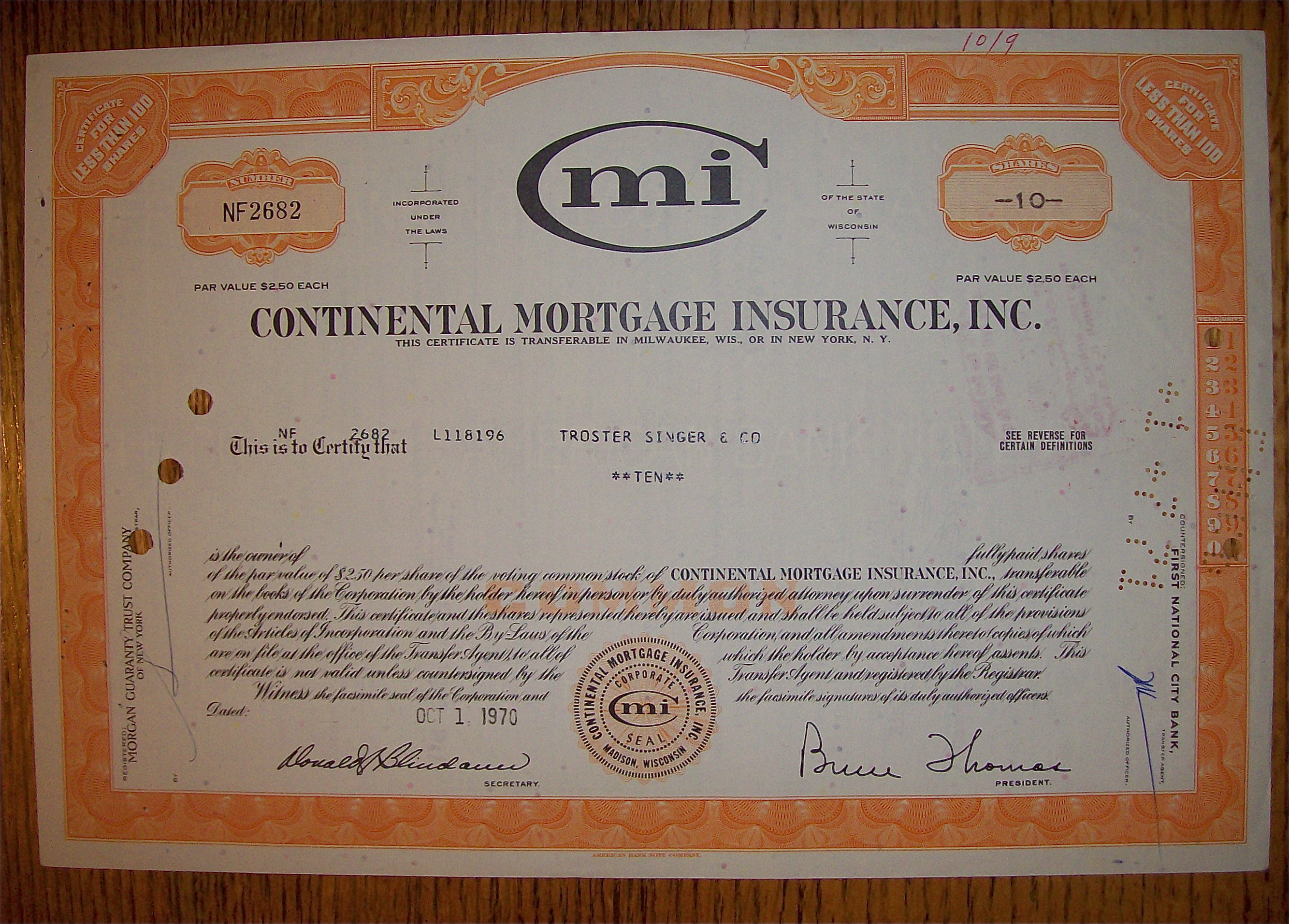 1970 Continental Mortgage Insurance Stock Certificate