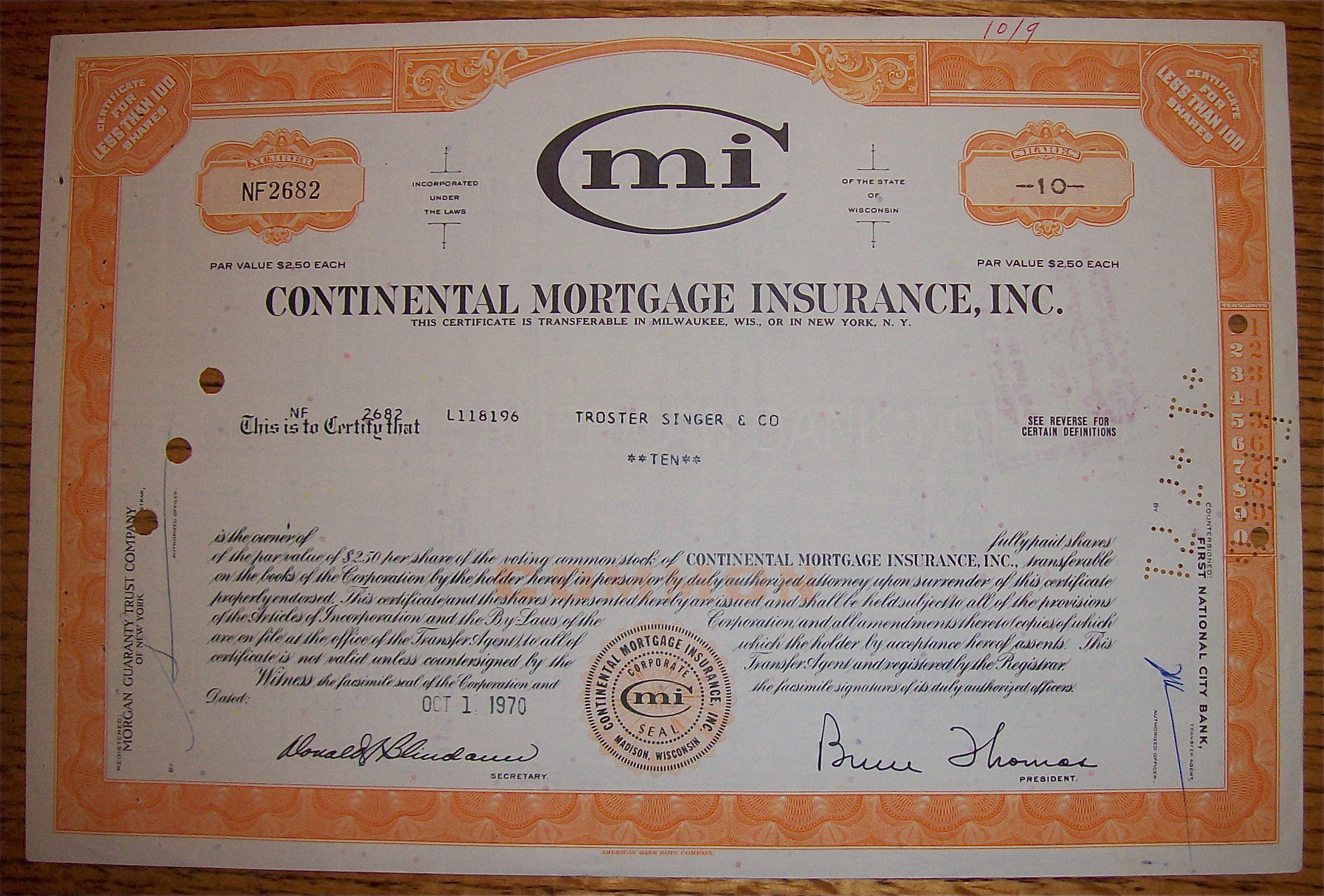 1970 Continental Mortgage Insurance Stock Certificate