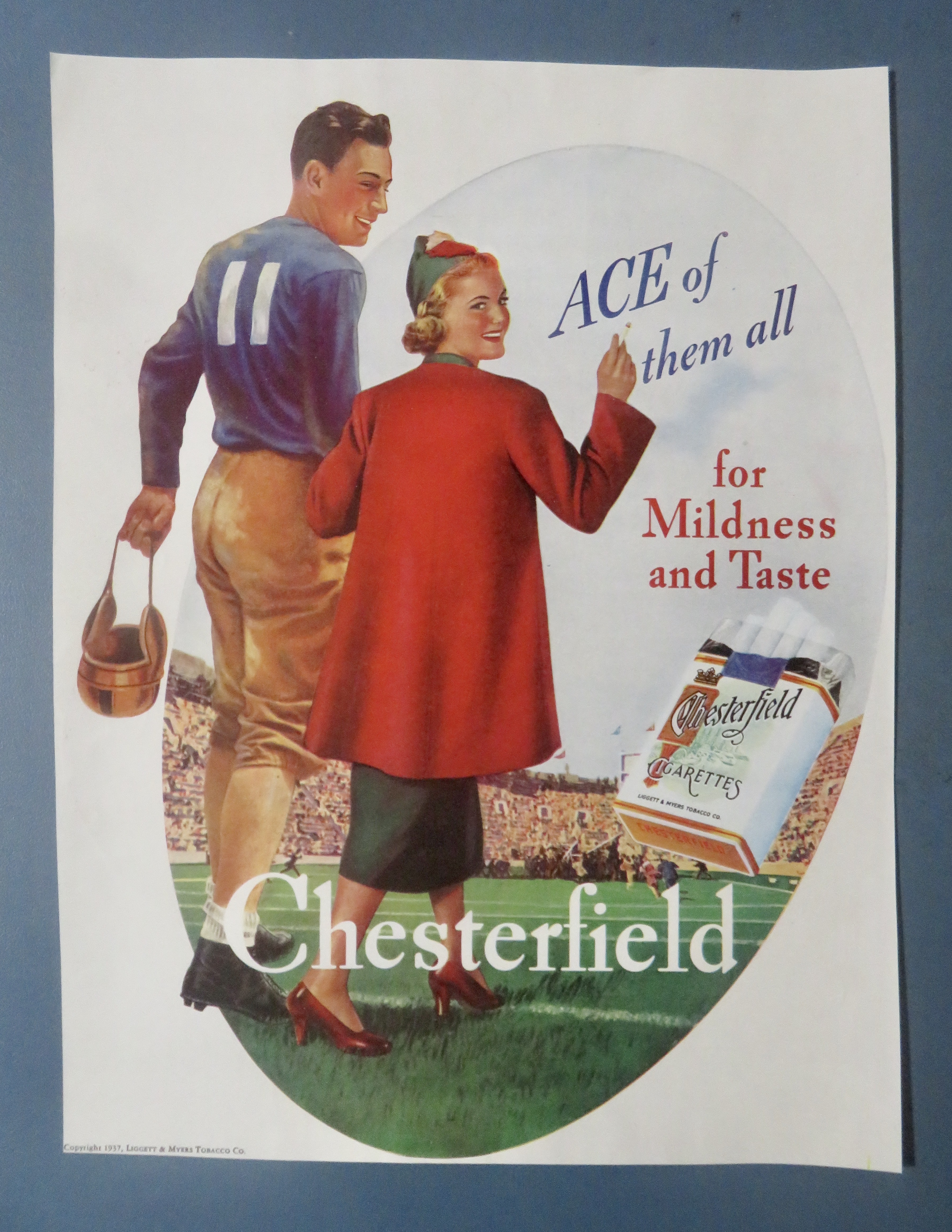 1937 Chesterfield Cigarette with Girl & Football Player