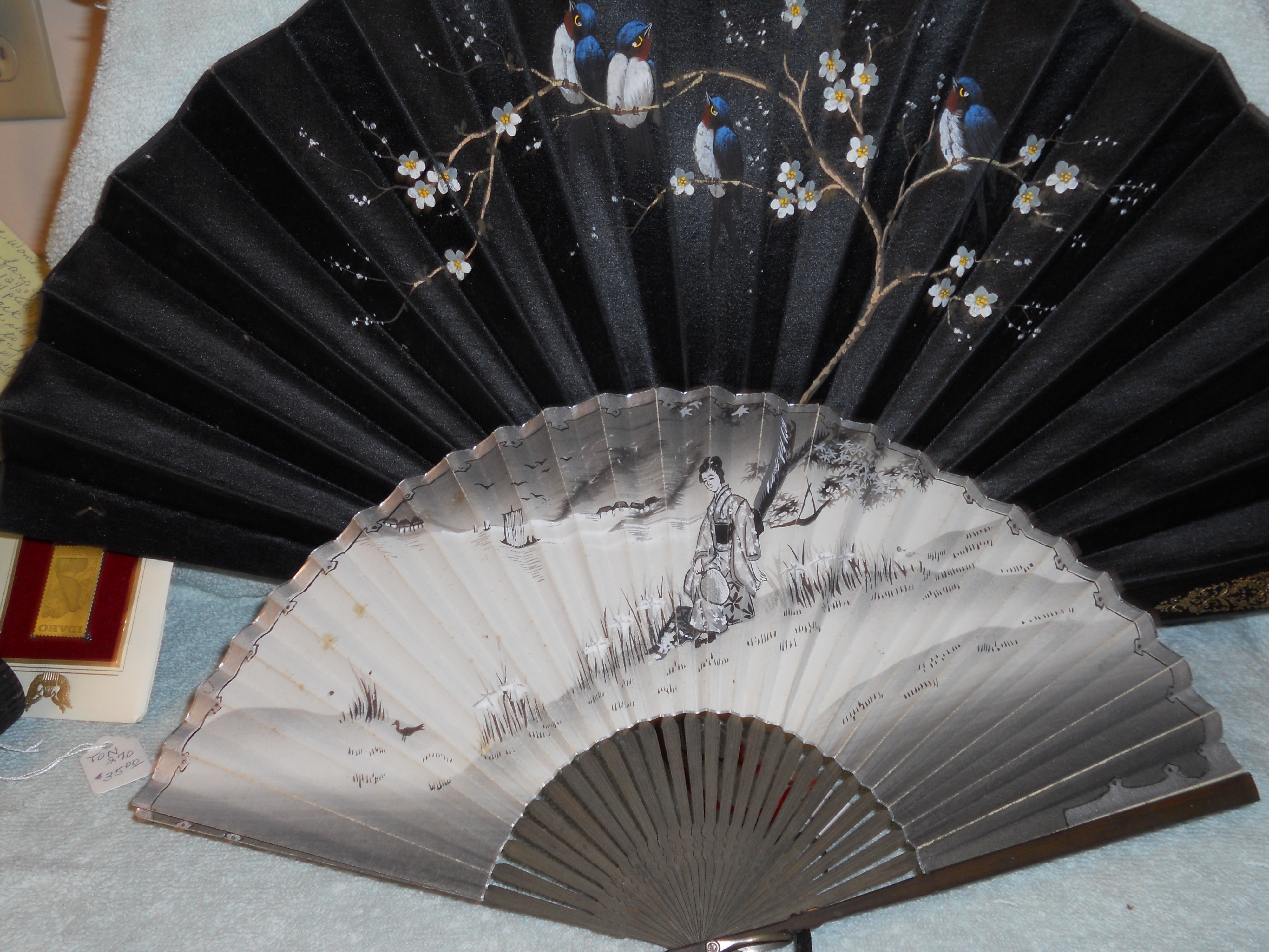 Antique Hand Fan Lot of two Blue Birds