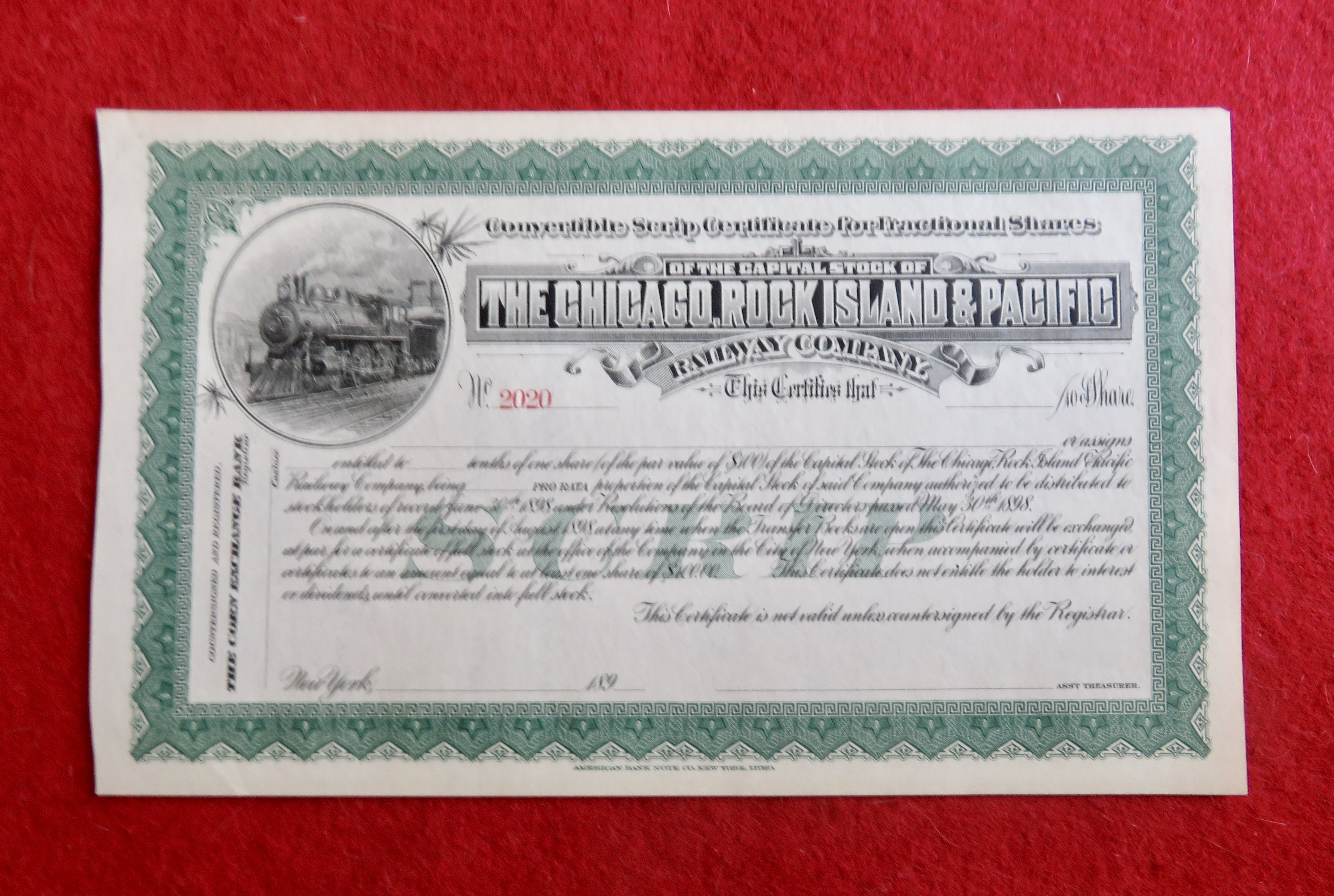 1898 Chicago, Rock Island & Pacific Stock Certificate