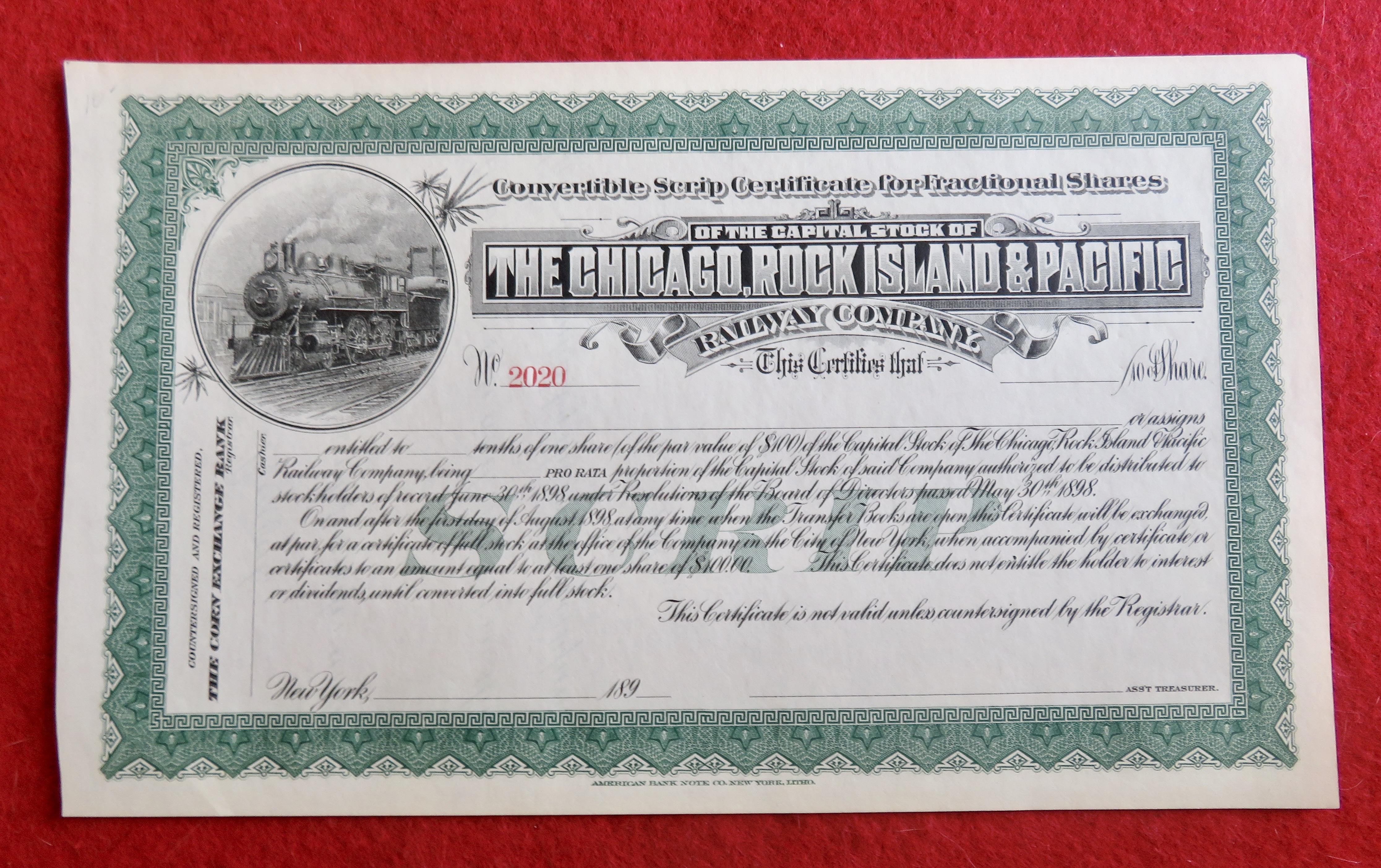 1898 Chicago, Rock Island & Pacific Stock Certificate