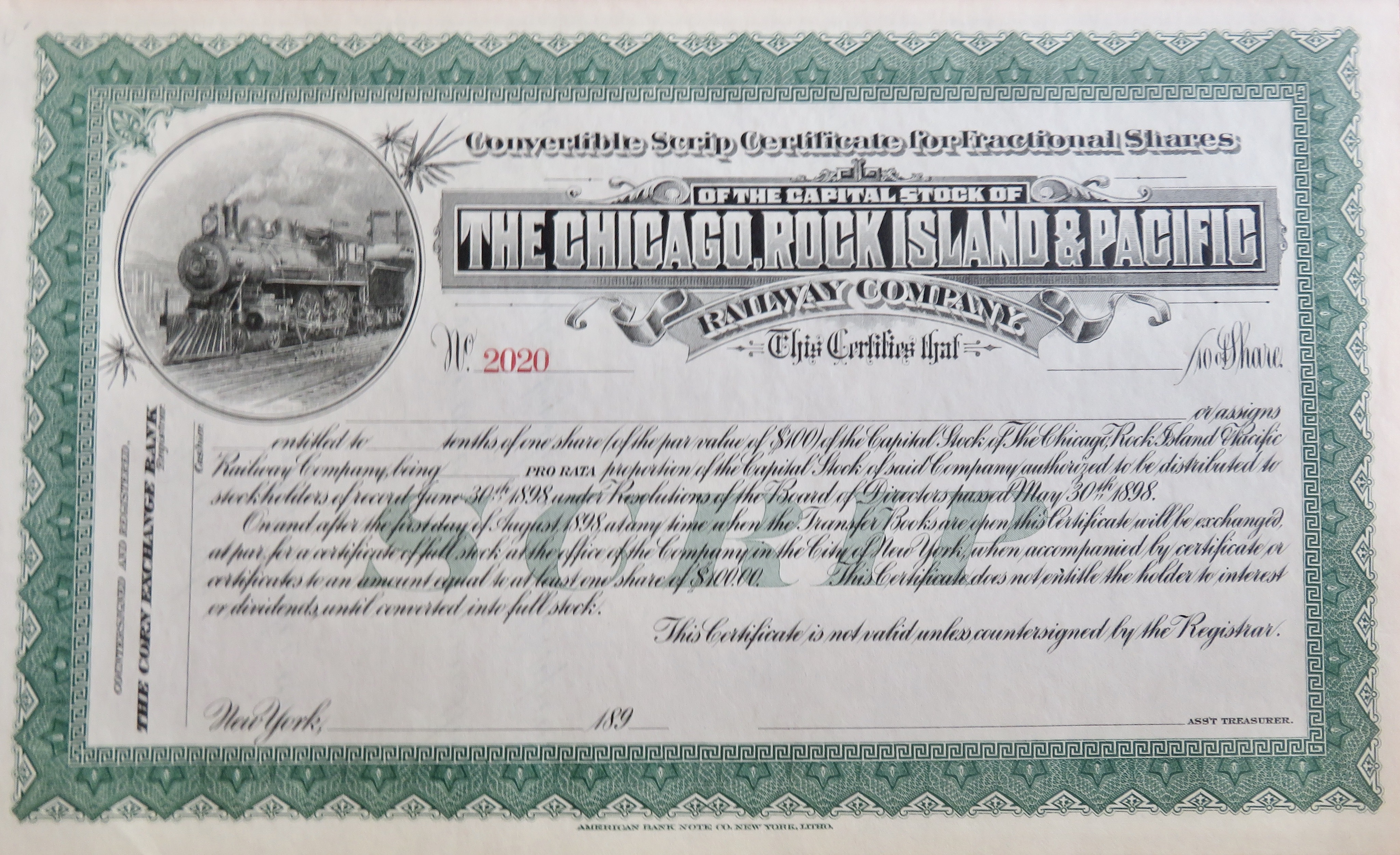 1898 Chicago, Rock Island & Pacific Stock Certificate