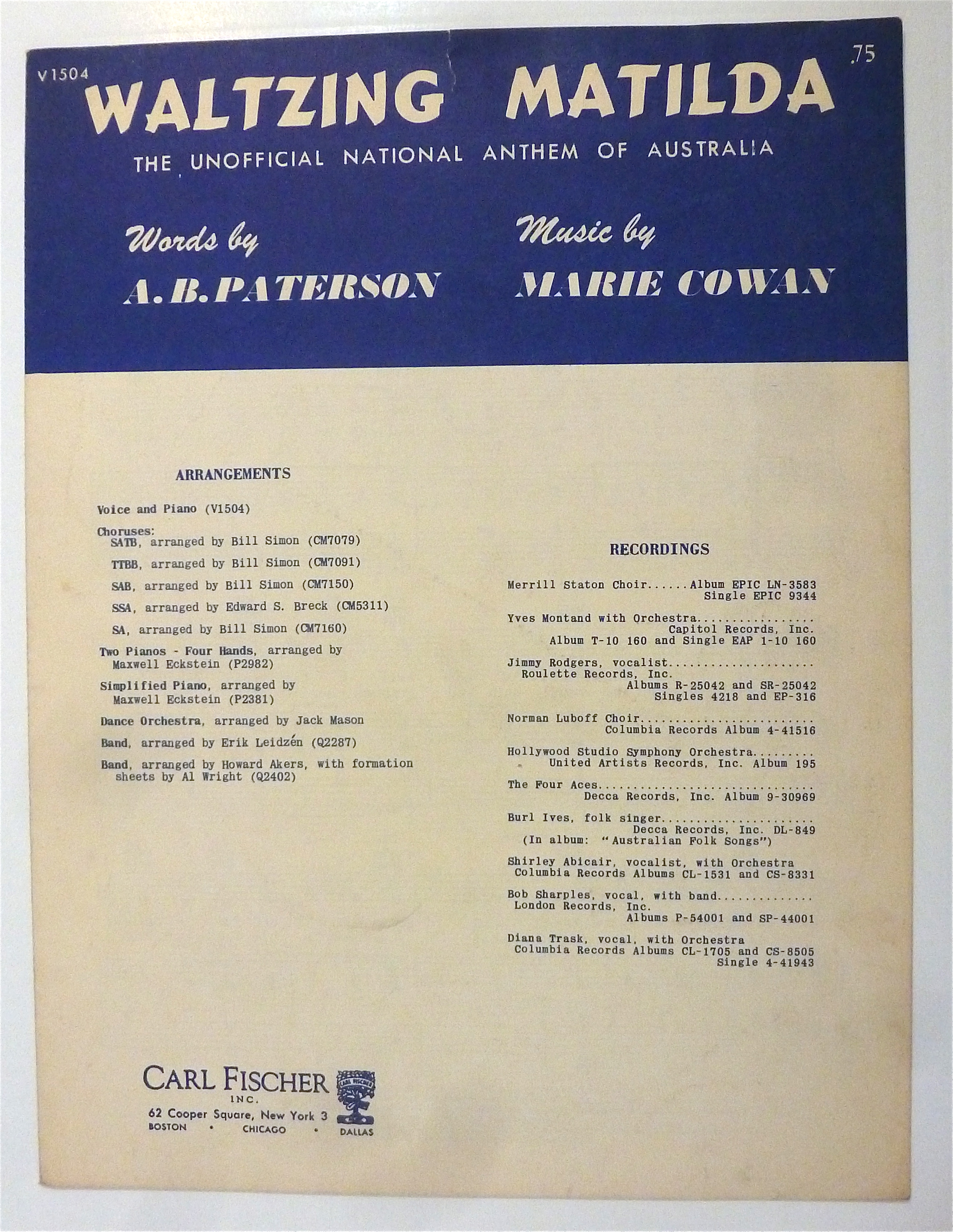 Sheet Music For 1941 Waltzing Matilda