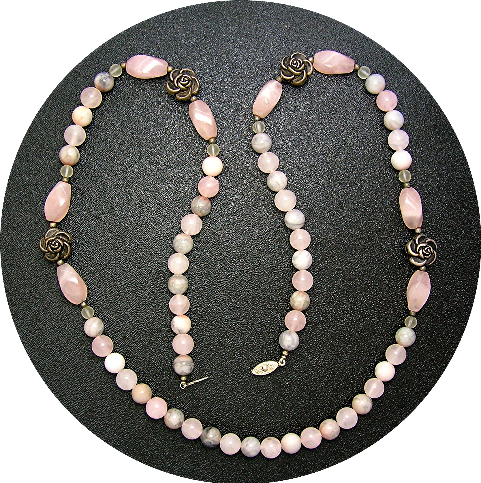 Necklace Rose Quartz Green Agate Silver Roses