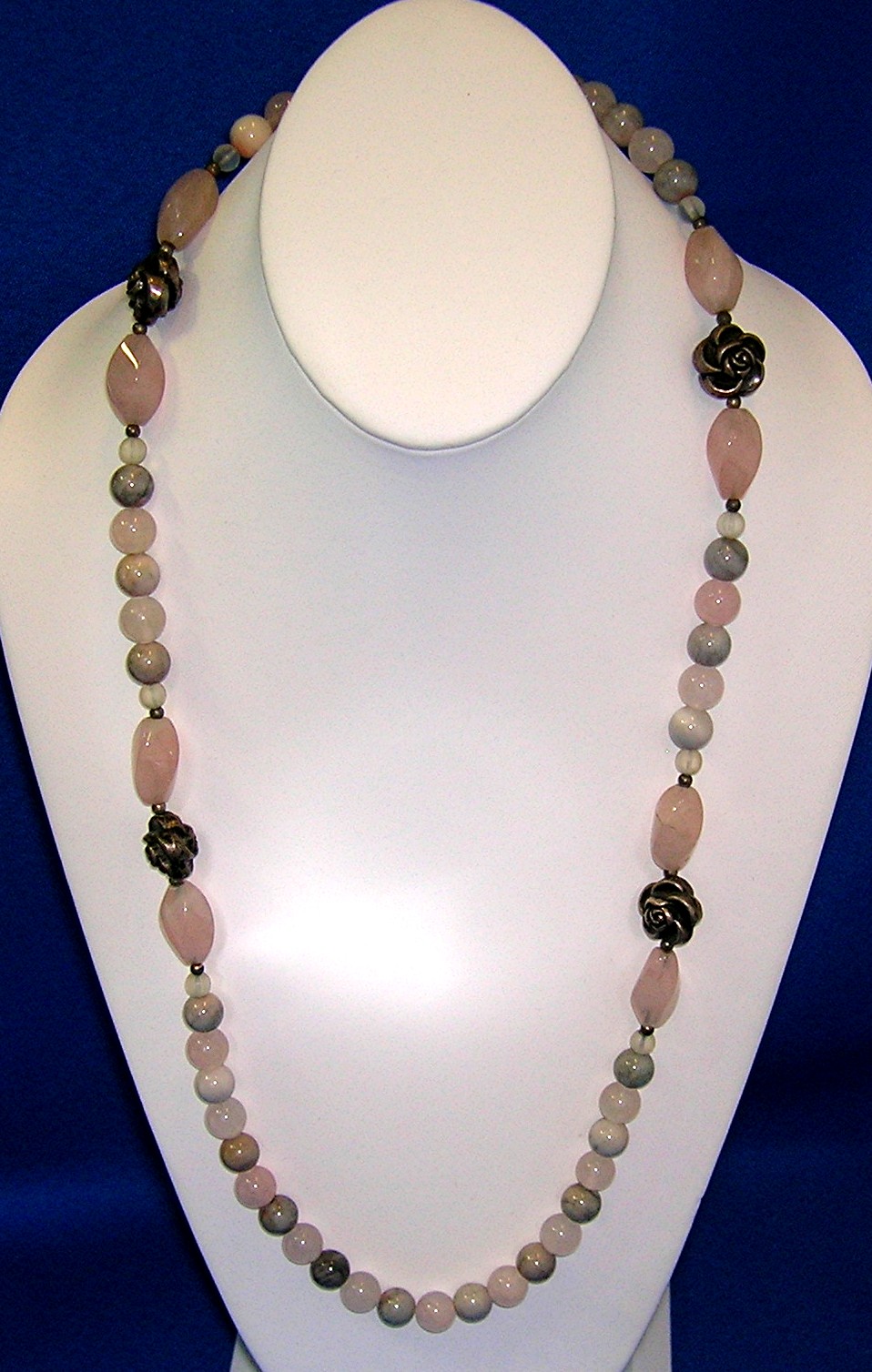 Necklace Rose Quartz Green Agate Silver Roses
