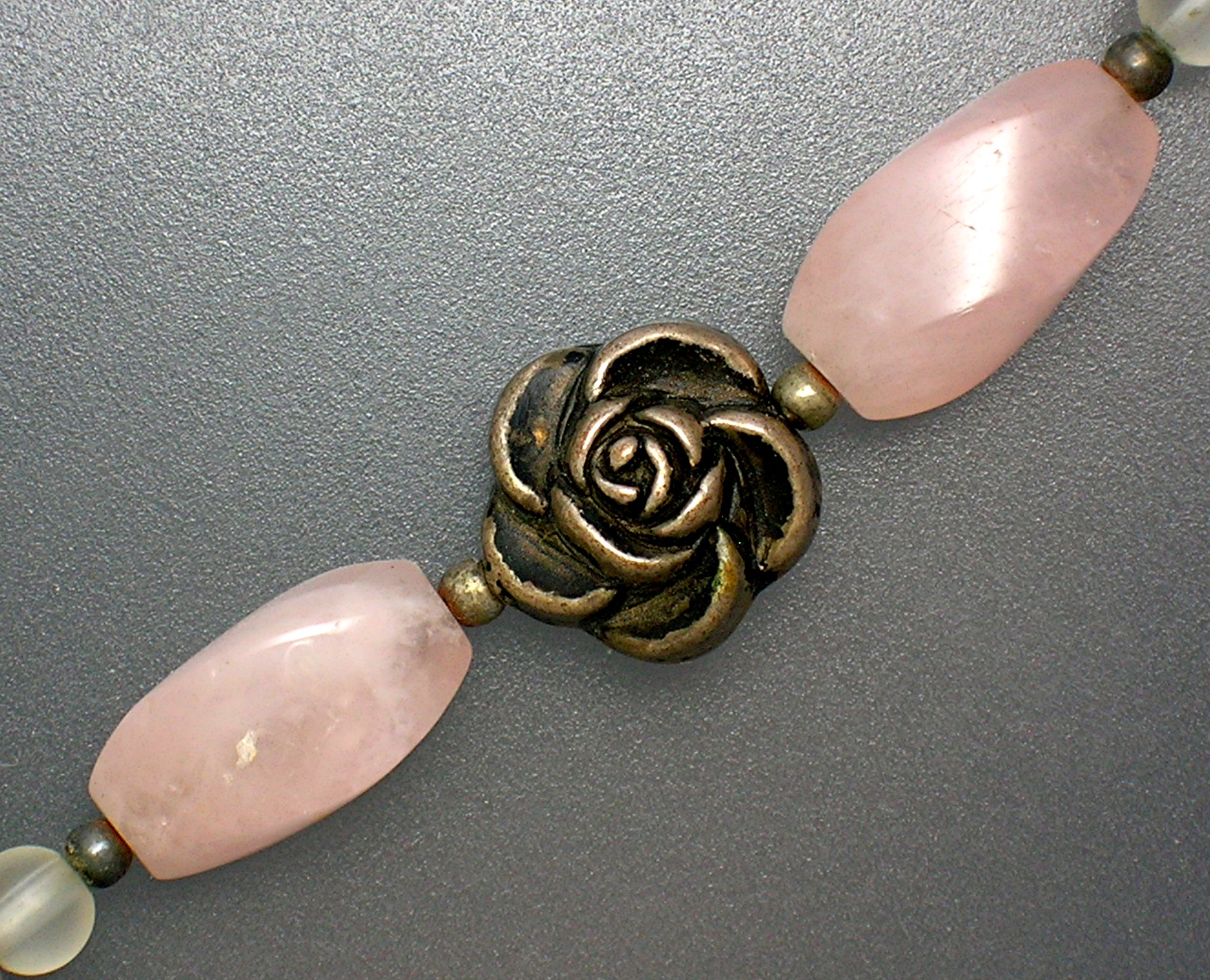 Necklace Rose Quartz Green Agate Silver Roses