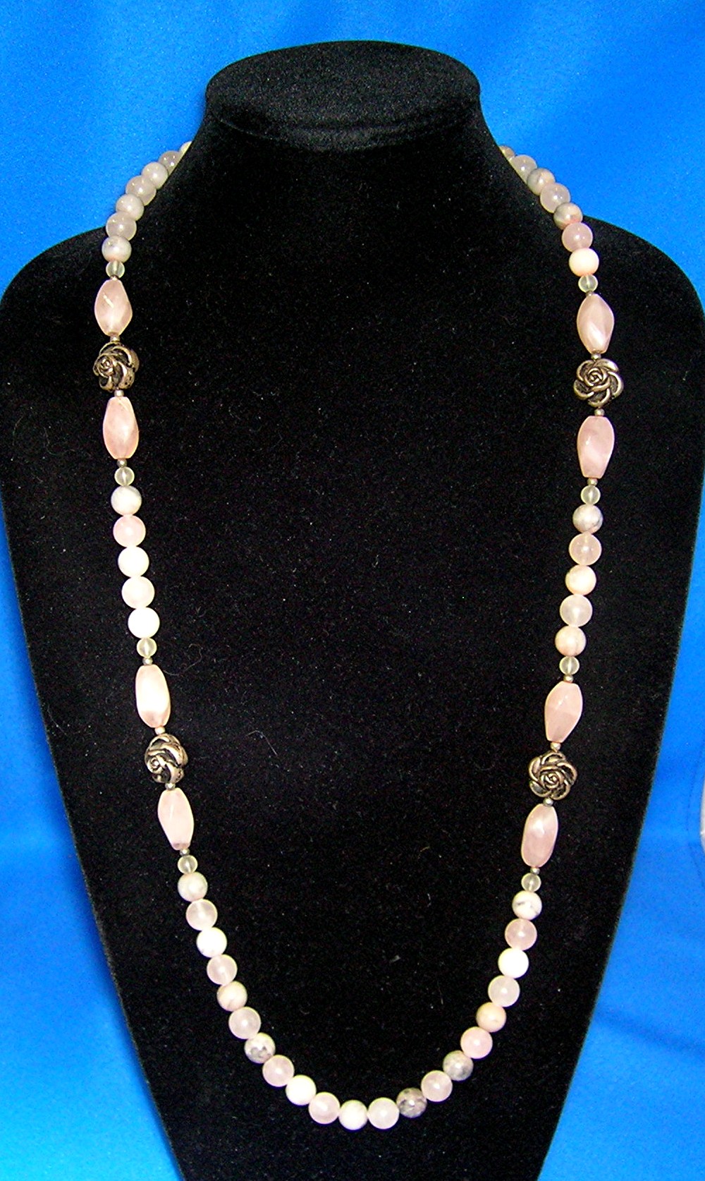 Necklace Rose Quartz Green Agate Silver Roses