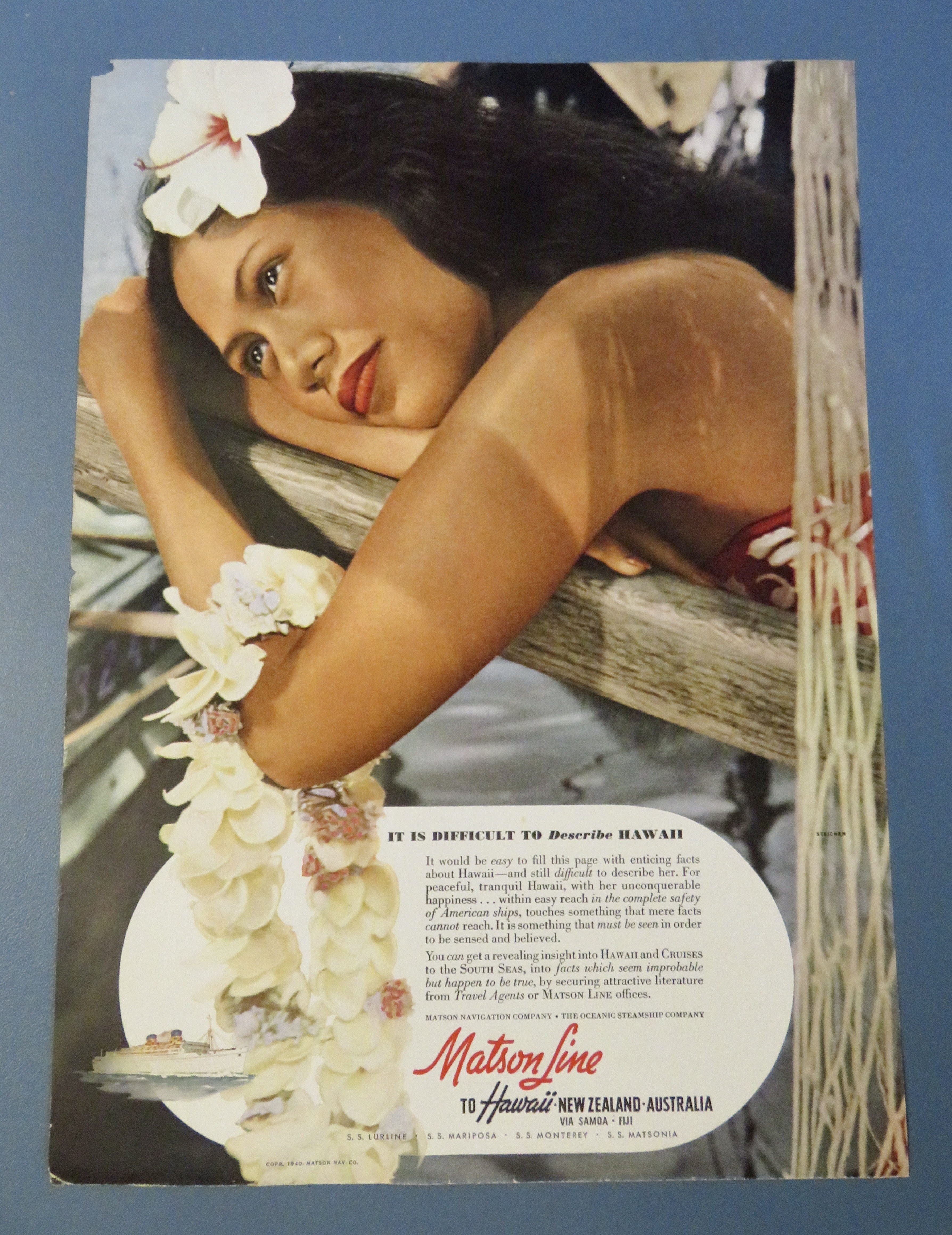 1940 Matson Line with Hawaiian Woman Holding Lei