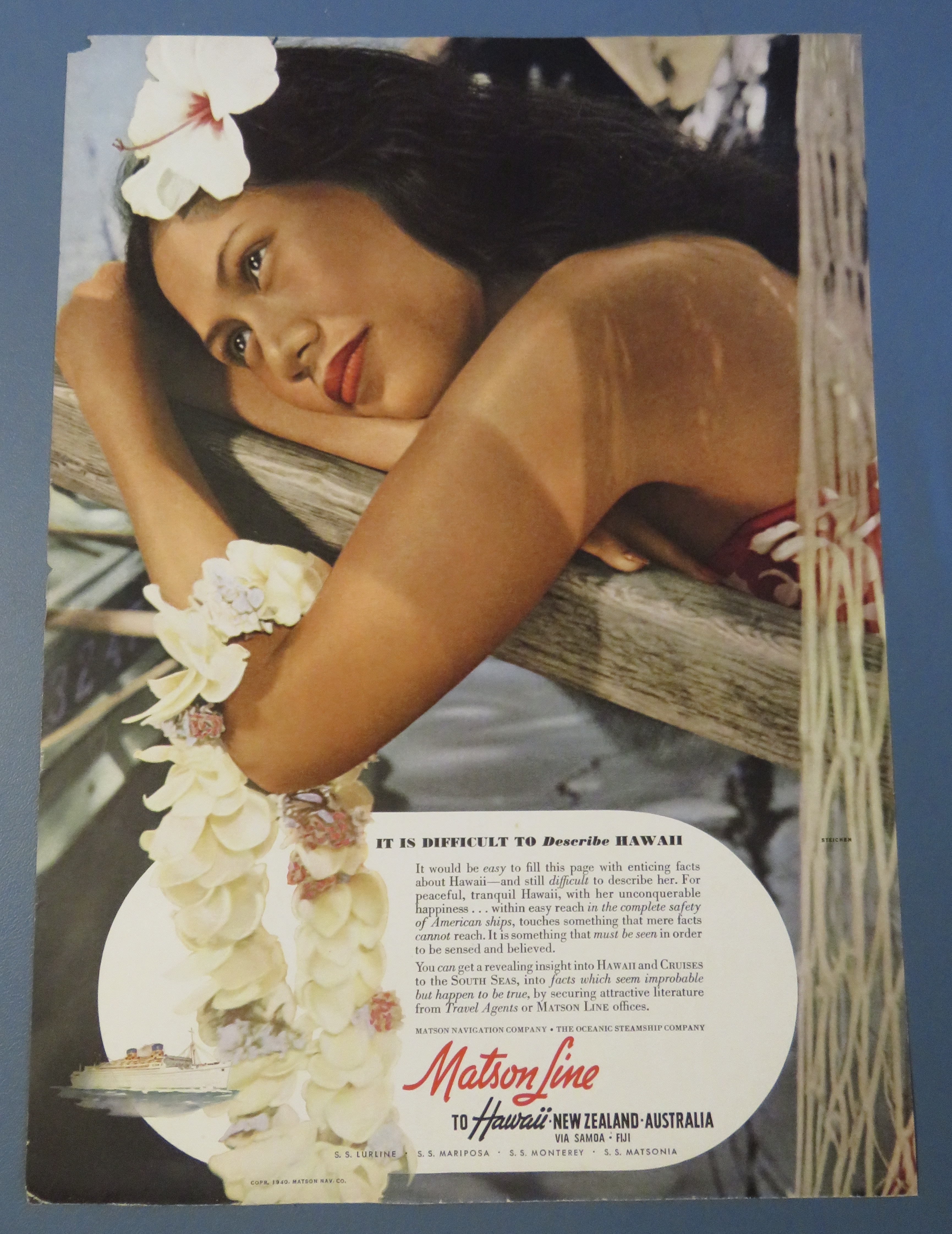 1940 Matson Line with Hawaiian Woman Holding Lei