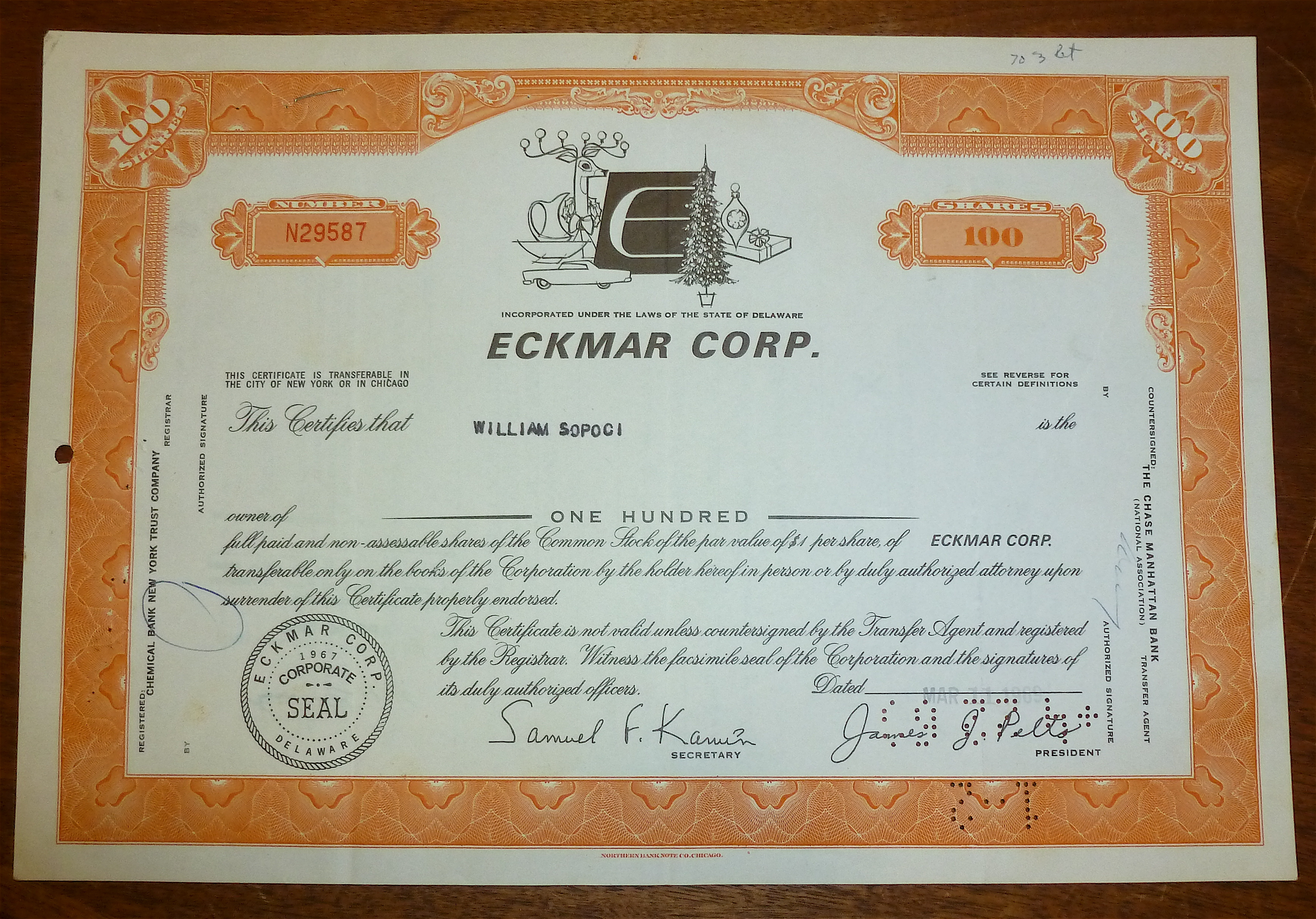 1969 Eckmar Corp. Stock Certificate