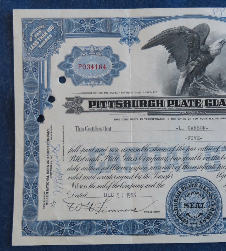 1955 Pittsburgh Plate Glass Company Stock Certificate