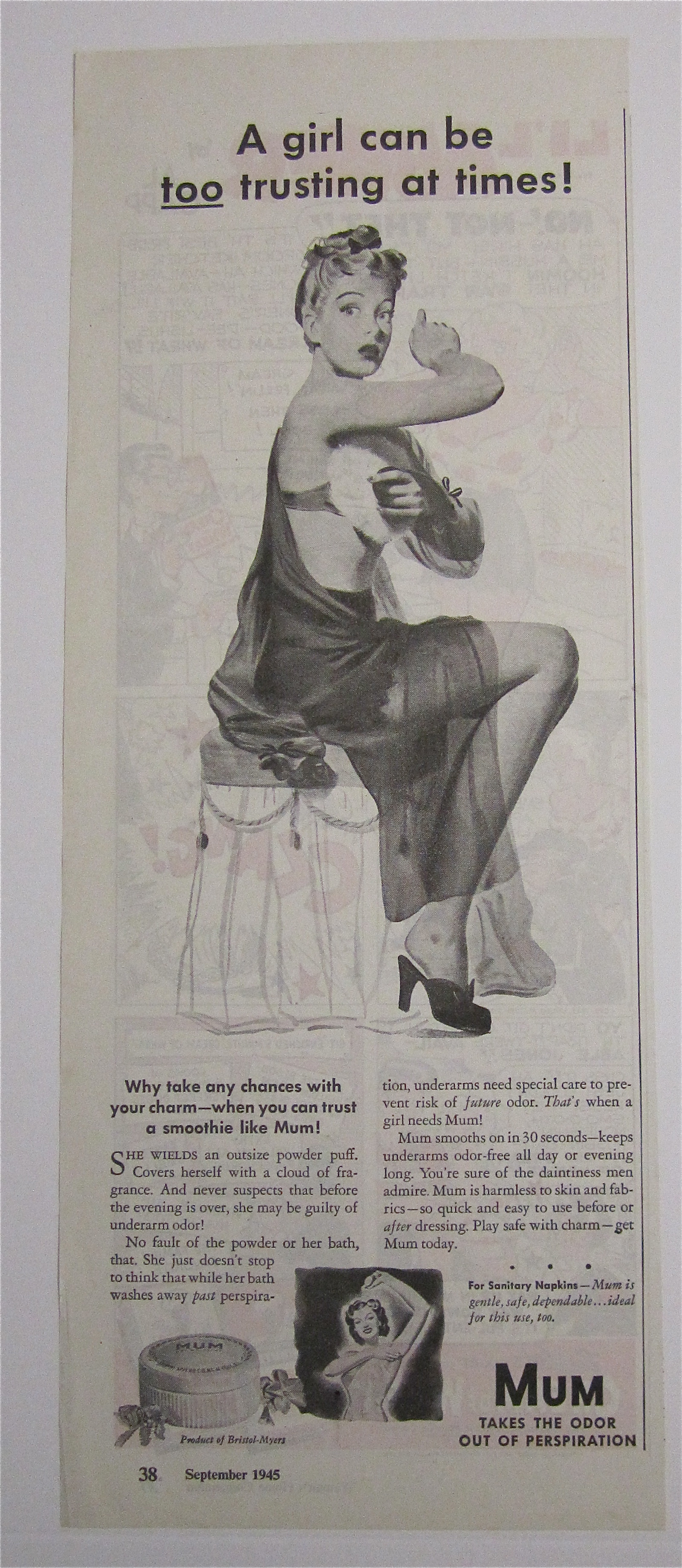 1945 Mum Deodorant with Girl Powdering Under Her Arm