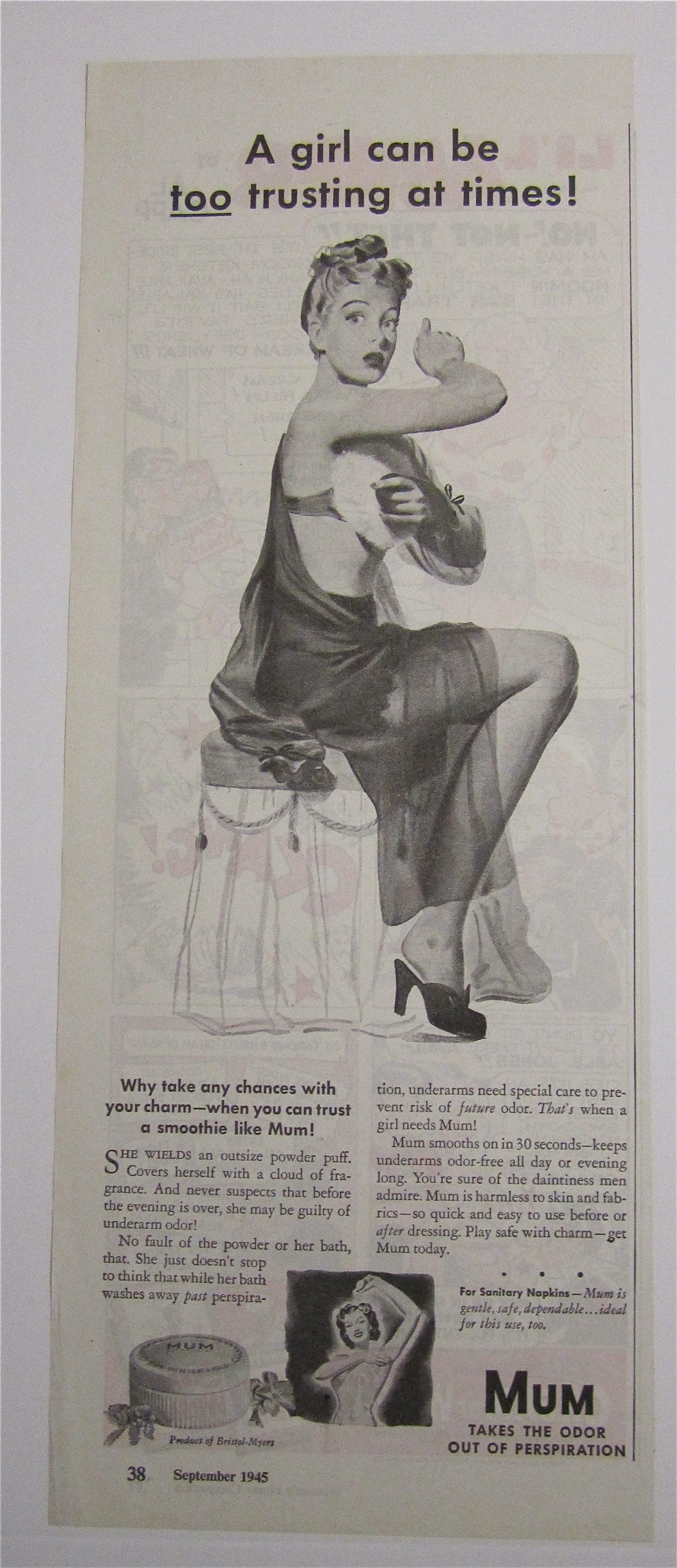 1945 Mum Deodorant with Girl Powdering Under Her Arm