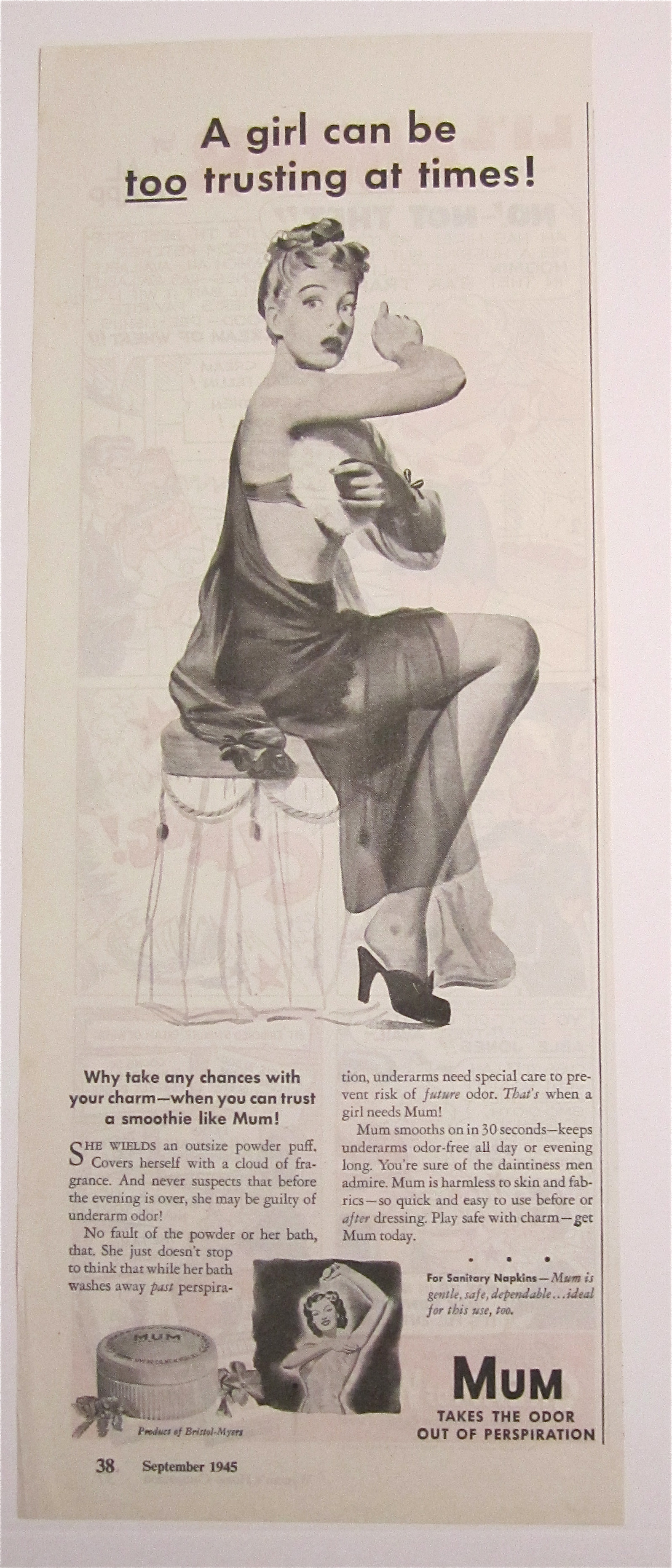 1945 Mum Deodorant with Girl Powdering Under Her Arm