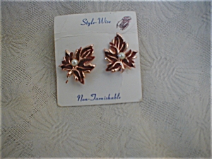 Copper and Imitation Goldstone Leaf Earrings