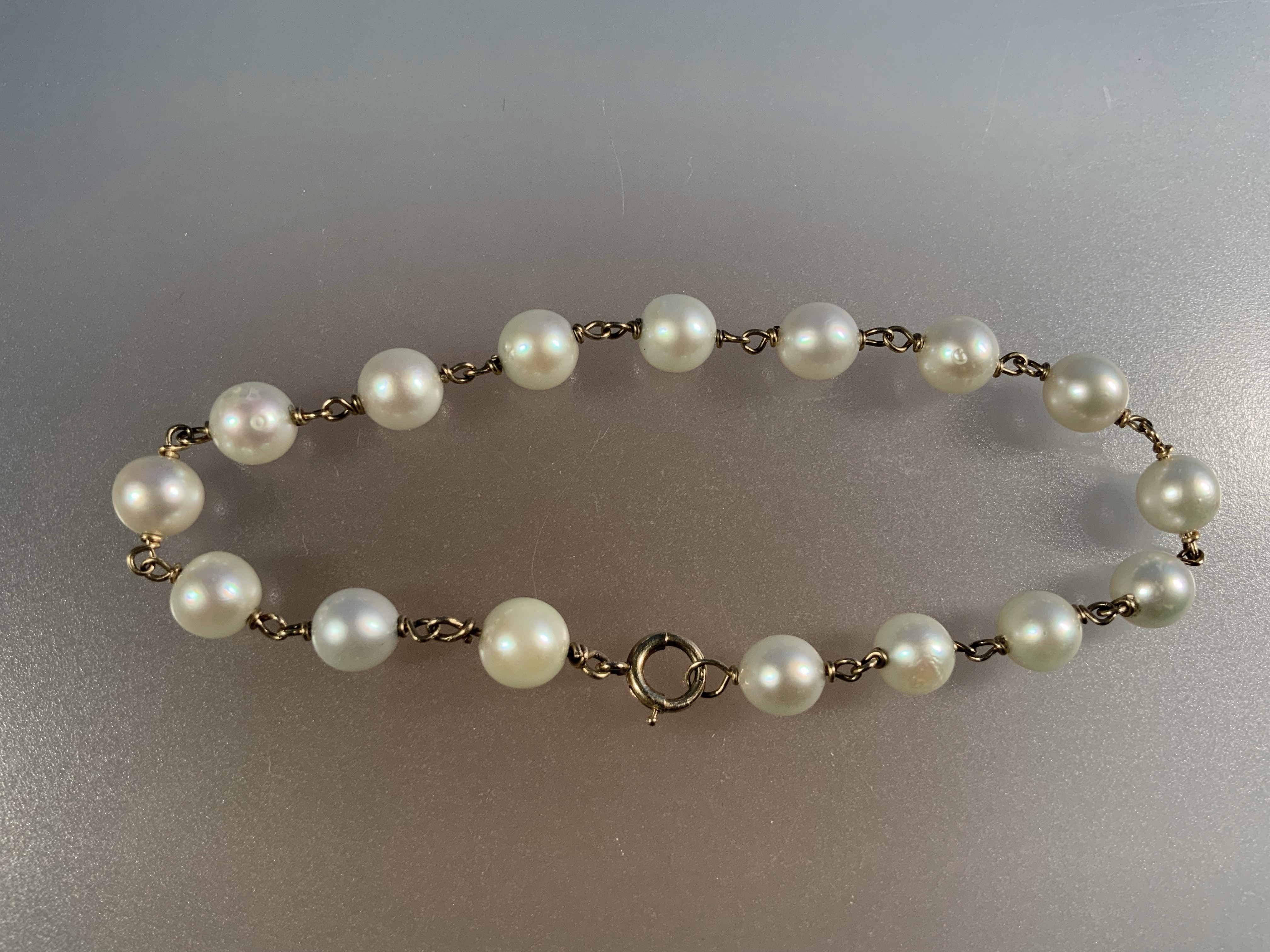 14K Yellow Gold 7mm Pearls Bracelet 7 3/4 Inch