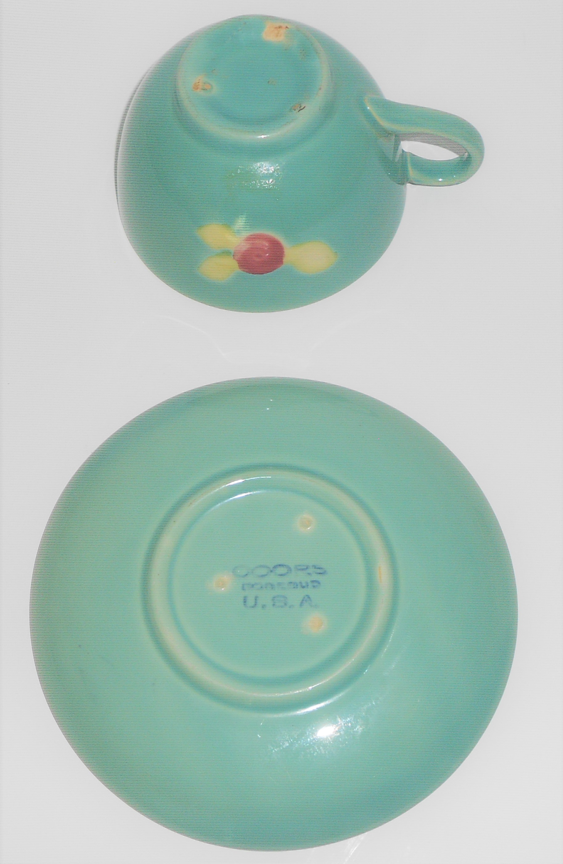 Coors Pottery Rosebud Green Cup & Saucer Set