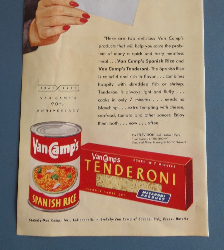 1951 Van Camp's Spanish Rice & Tenderoni with Woman Holding a Menu