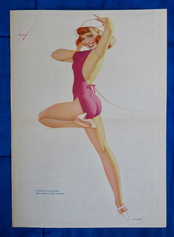 Original 1947 Sexy Pin Up Girl Wearing A Pink Bodysuit & White Hat While Talking On The Telephone By George Petty