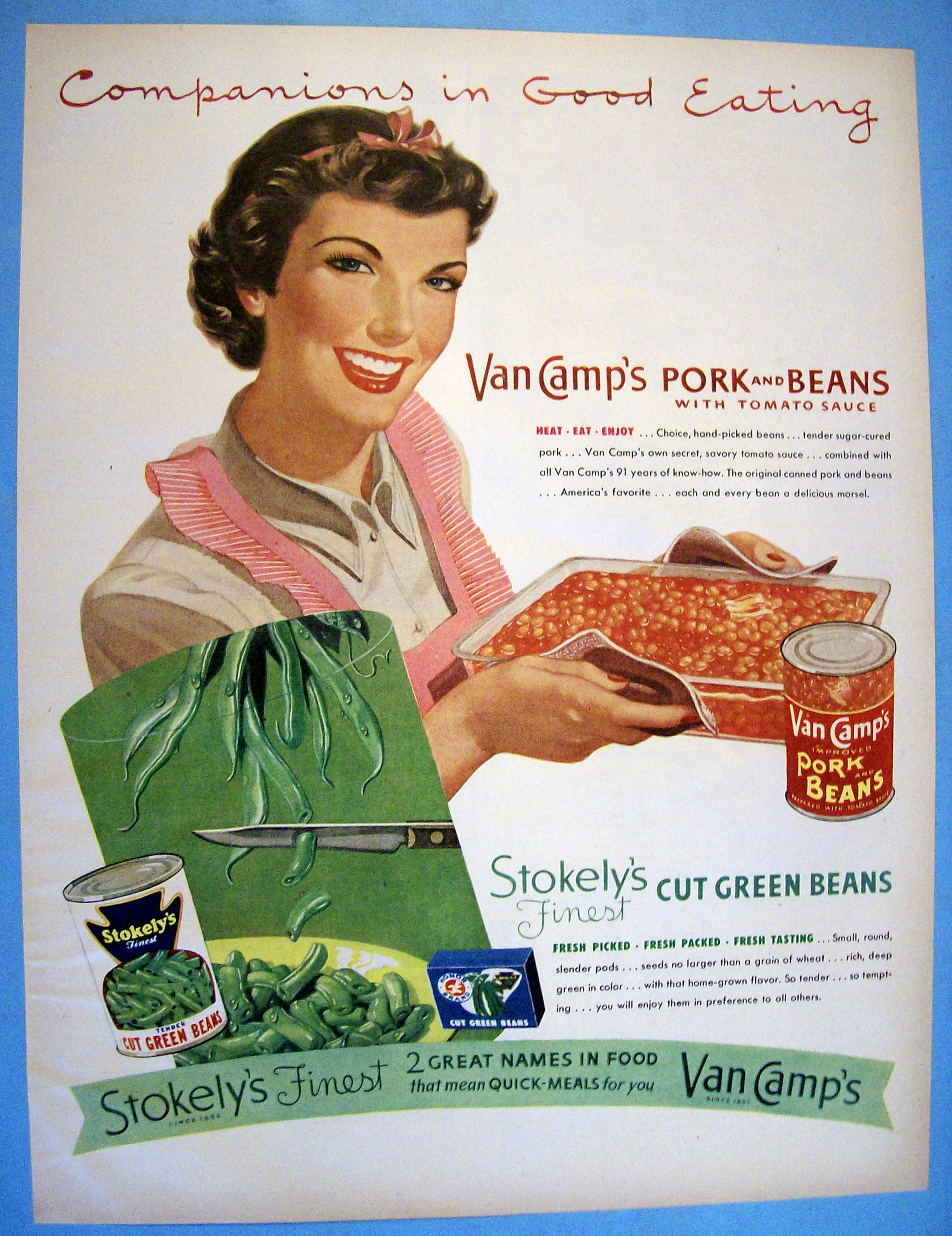 1952 Van Camp's Pork And Beans & Stokely's Cut Green Beans with Woman Holding Pan of Pork & Beans