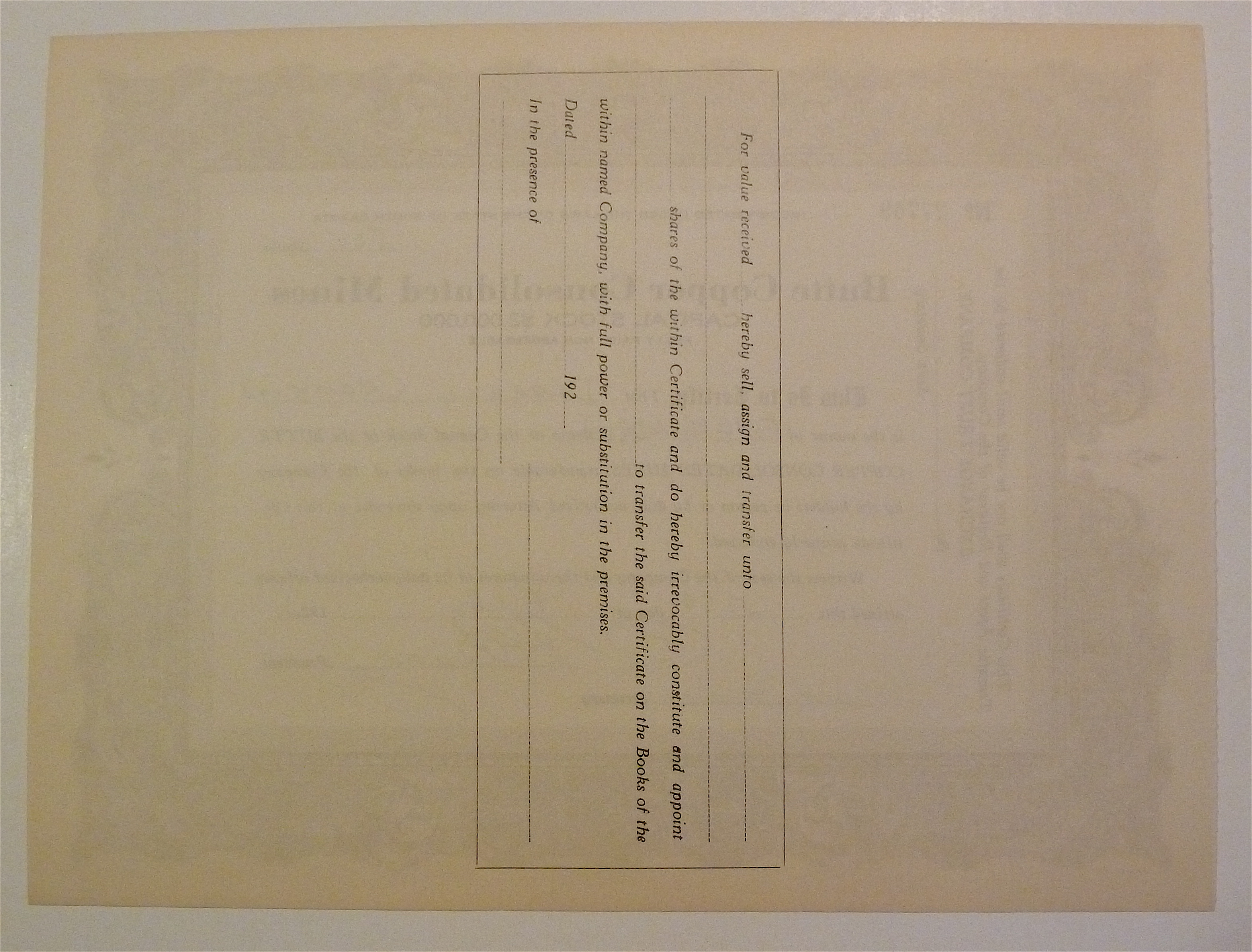 Butte Copper Consolidated Mines Stock Certificate