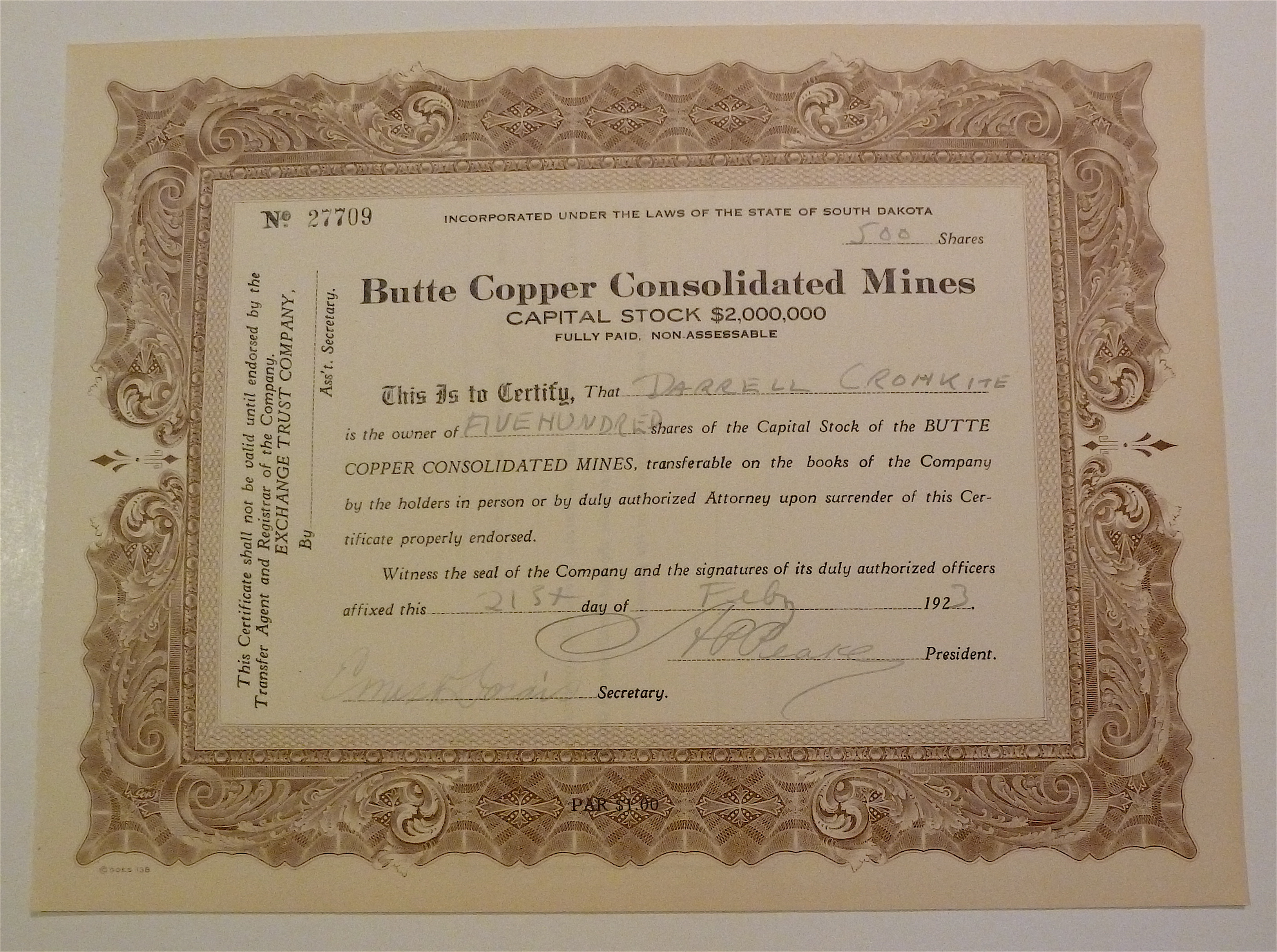Butte Copper Consolidated Mines Stock Certificate