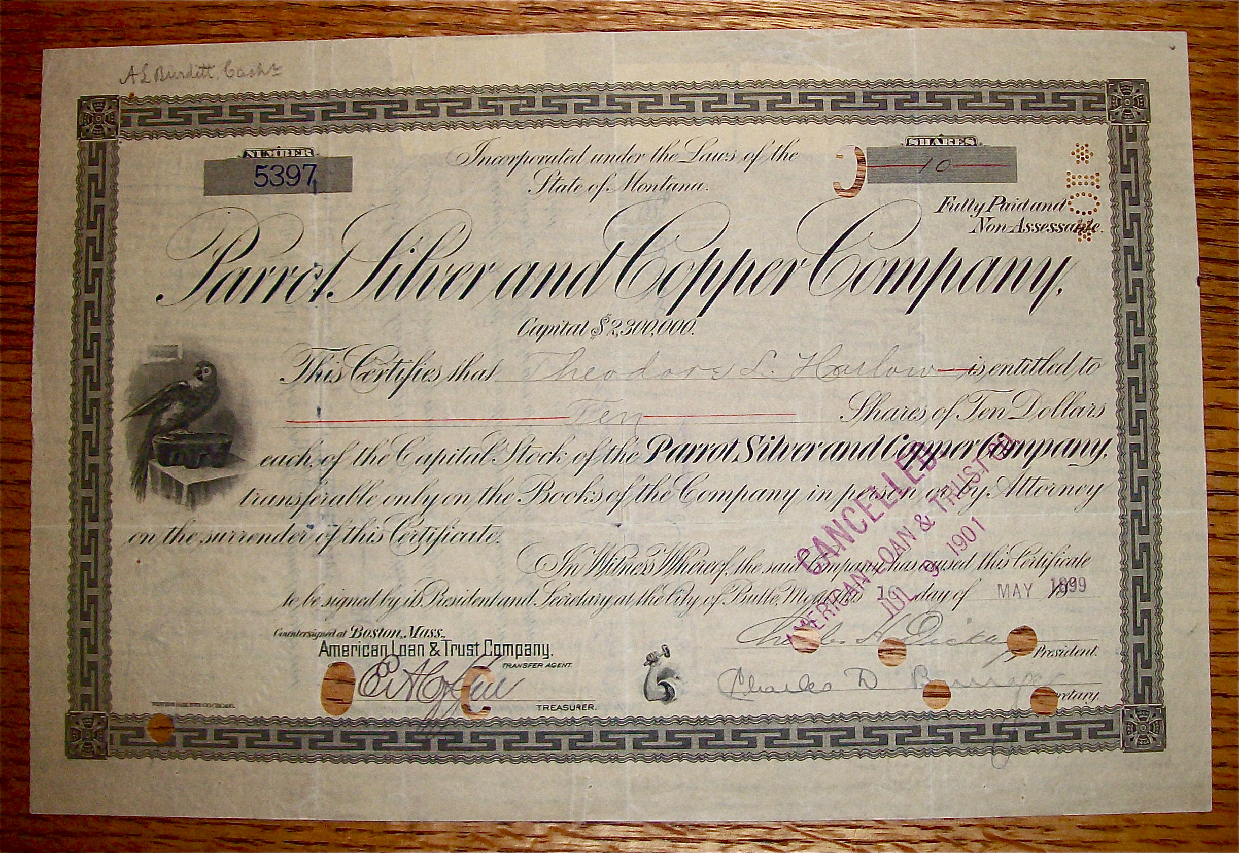 1899 Parrot Silver & Copper Co Stock Certificate