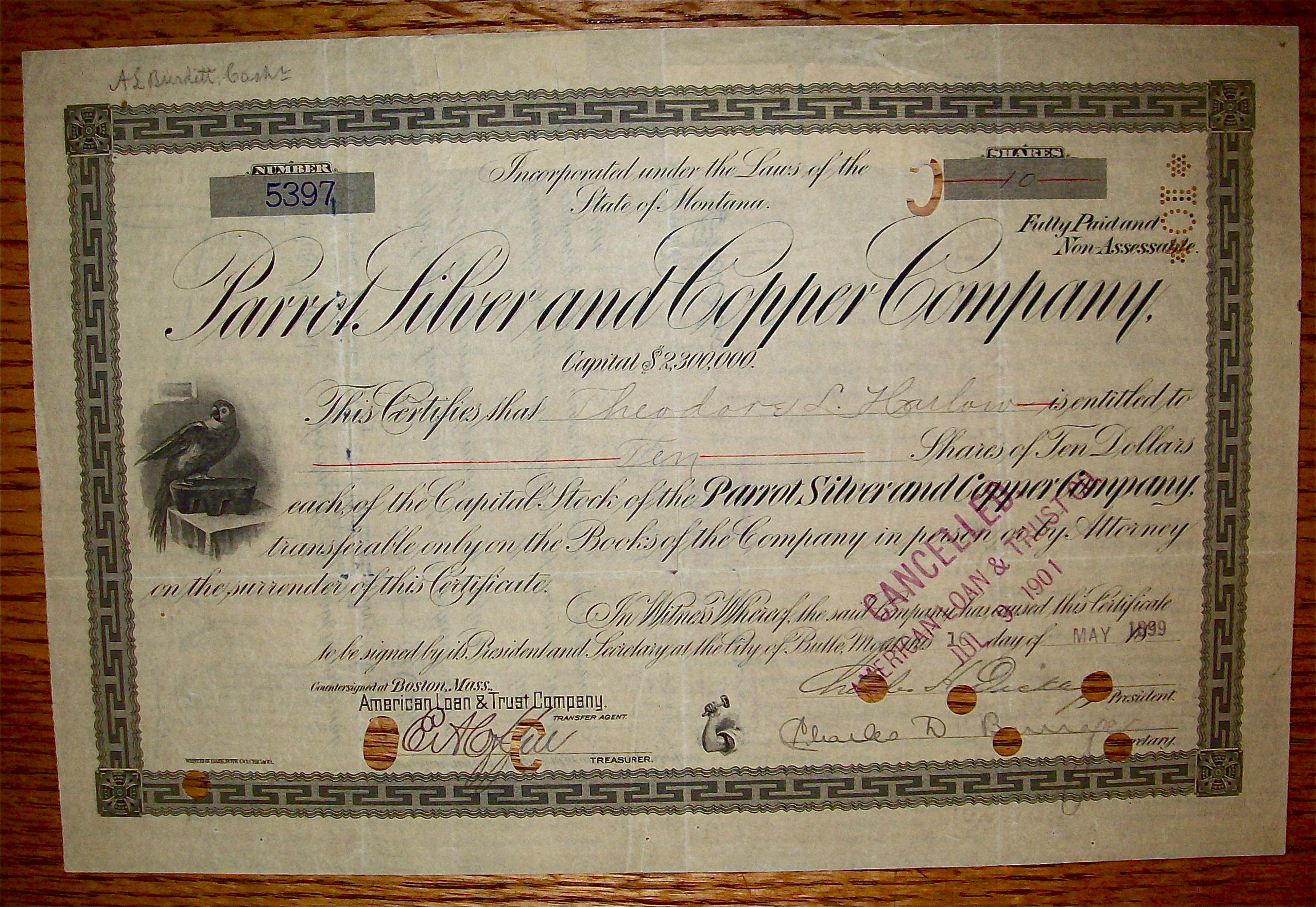 1899 Parrot Silver & Copper Co Stock Certificate