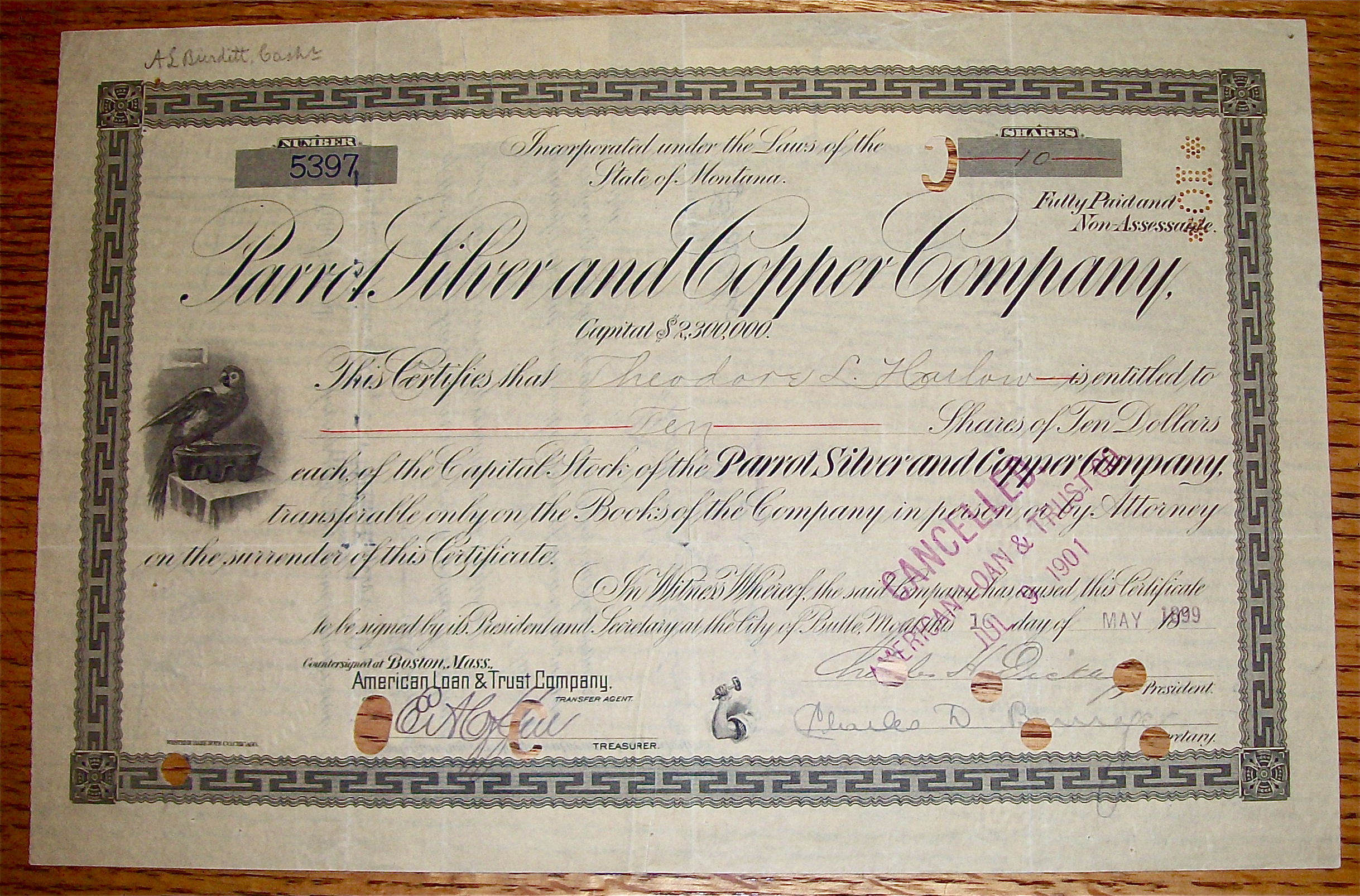 1899 Parrot Silver & Copper Co Stock Certificate