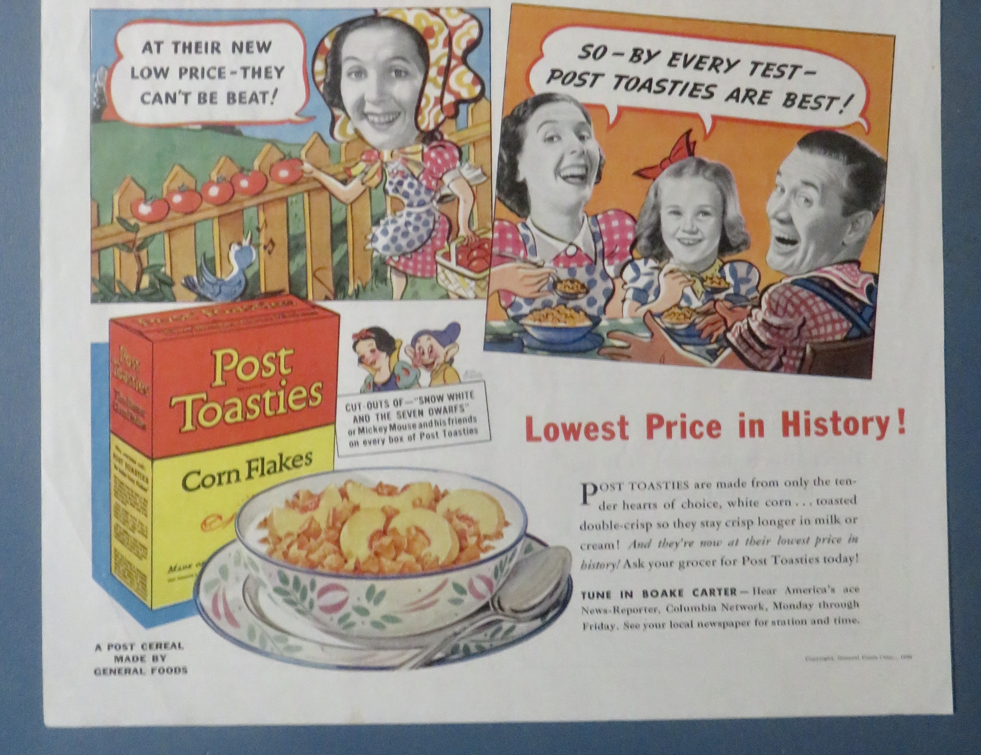 1938 Post Toasties Corn Flakes with Breakfast Time Tune