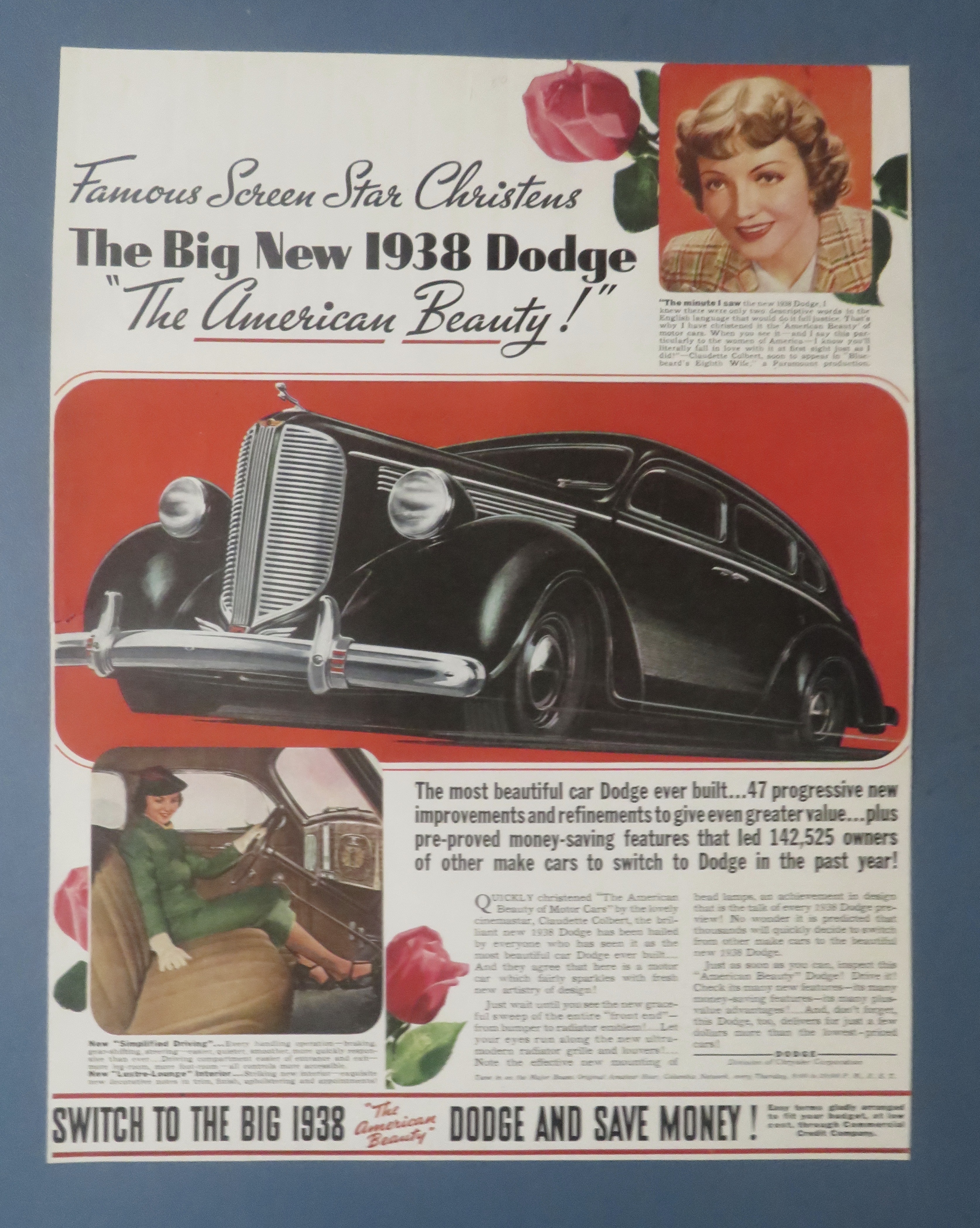 1938 Dodge Automobile w/ Screen Star Claudette Colbert