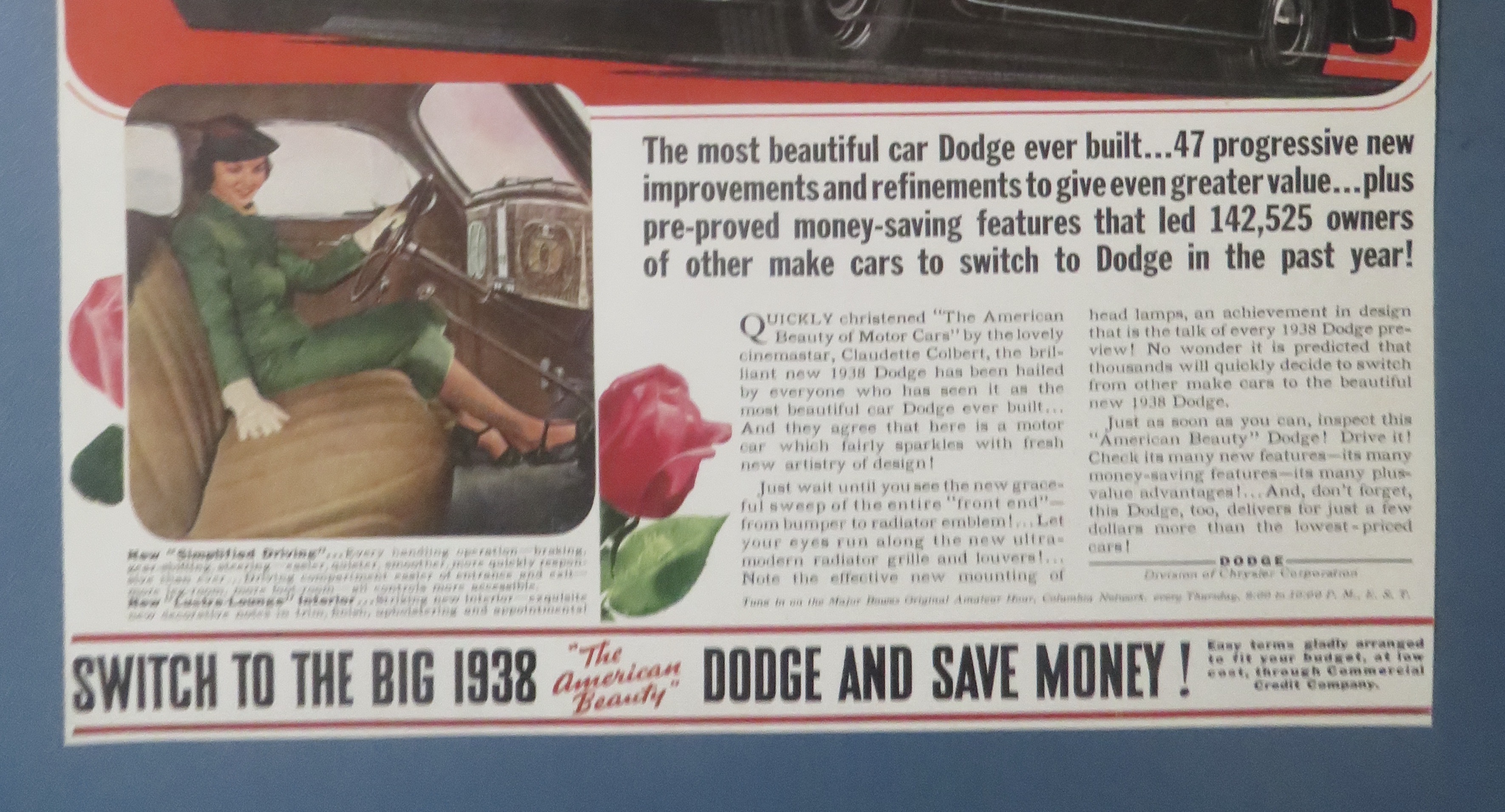 1938 Dodge Automobile w/ Screen Star Claudette Colbert