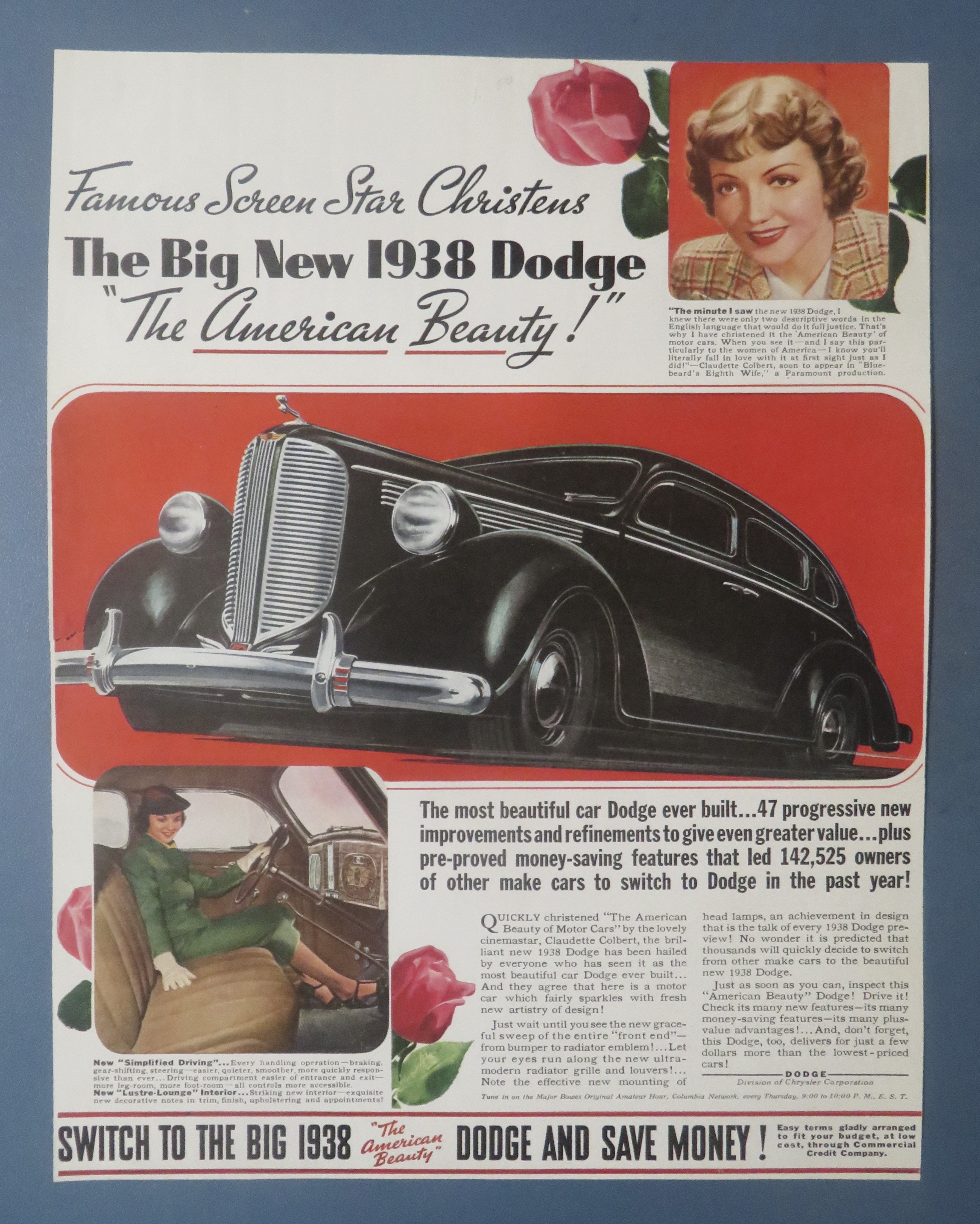 1938 Dodge Automobile w/ Screen Star Claudette Colbert