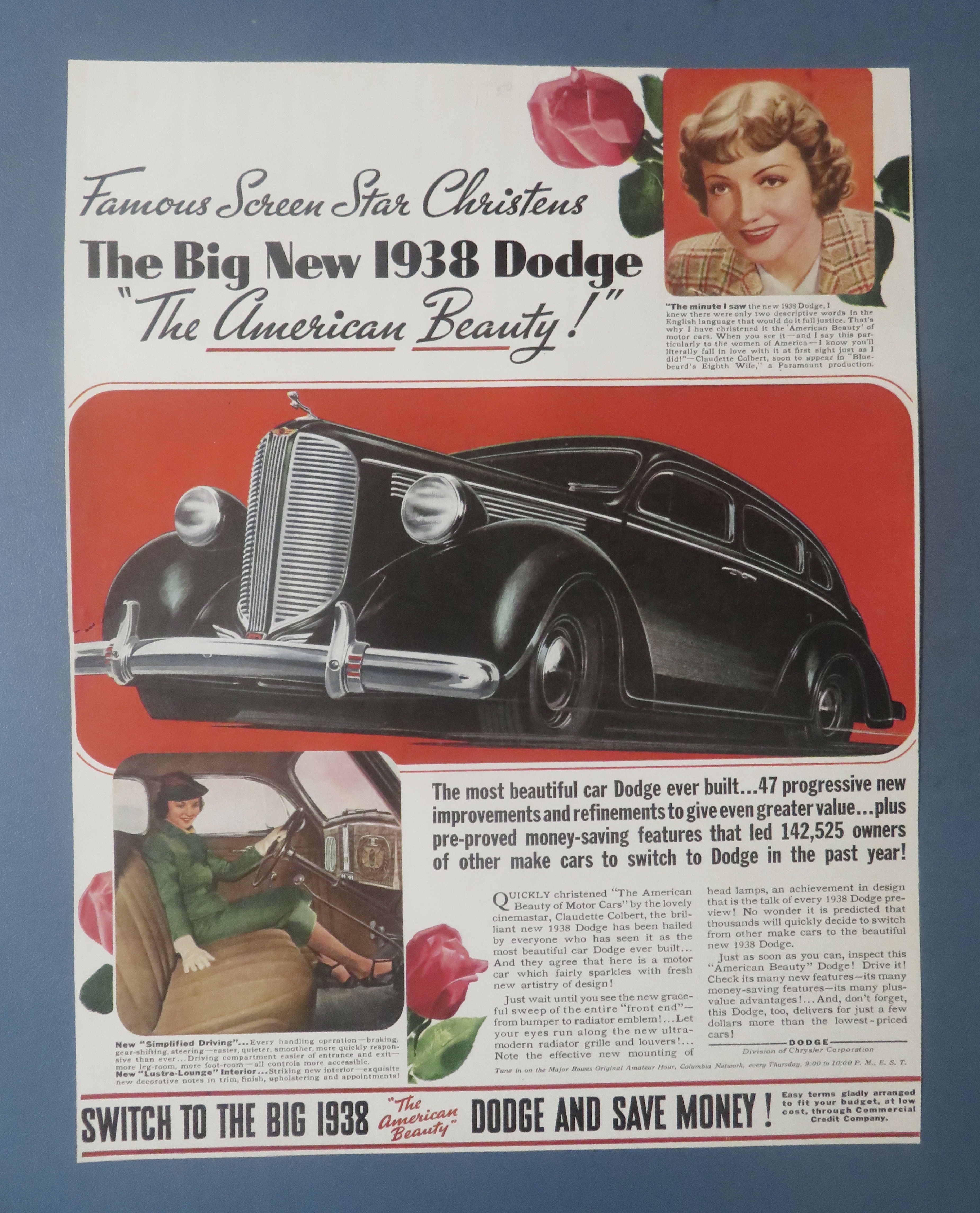 1938 Dodge Automobile w/ Screen Star Claudette Colbert