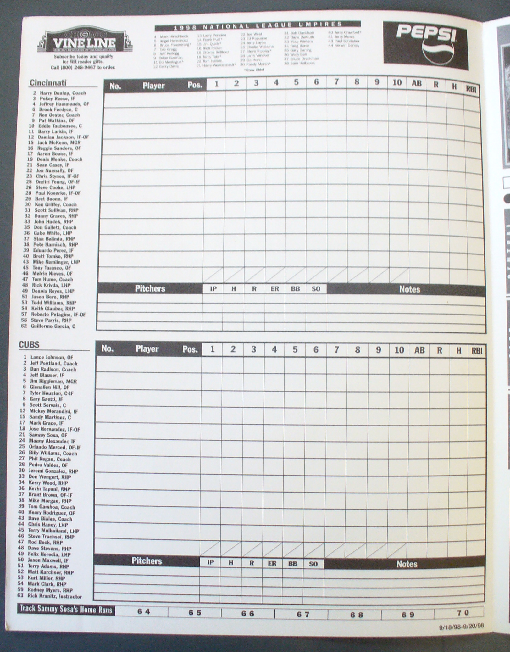 Chicago Cubs Score Card 1998 Sammy Sosa