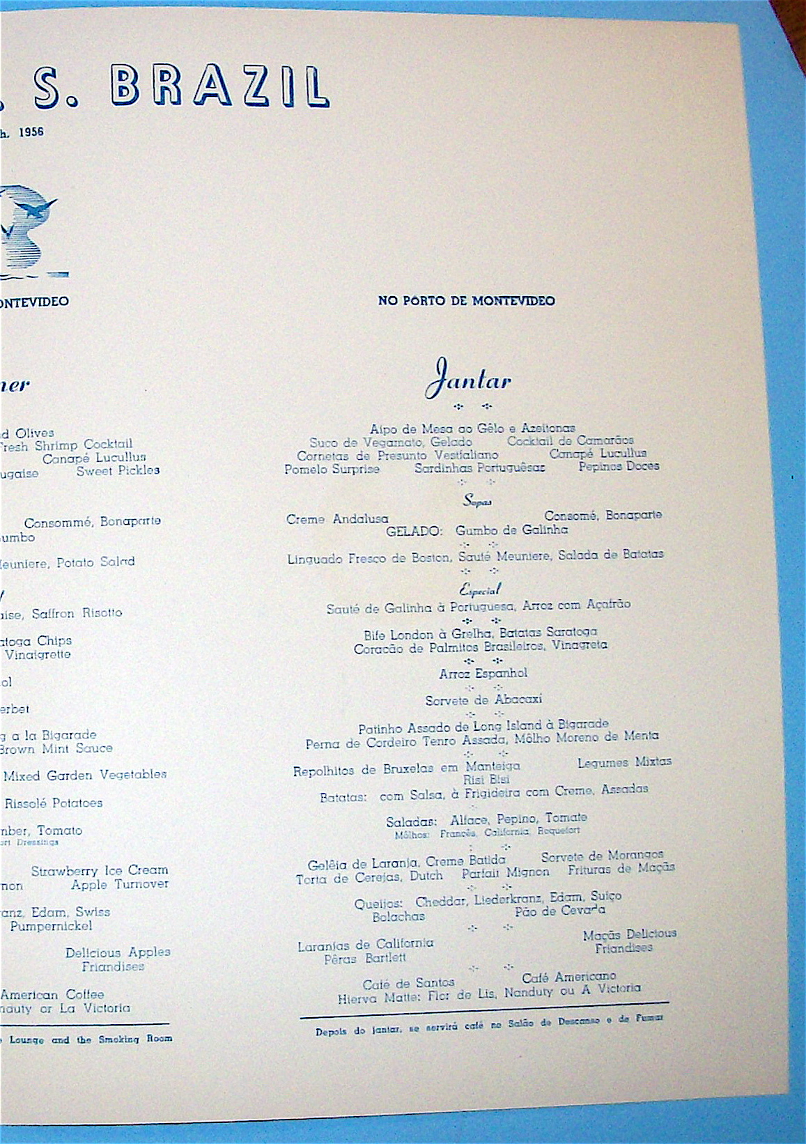 S. S. Brazil Menu (Moore Mc Cormack Lines) May 15, 1956