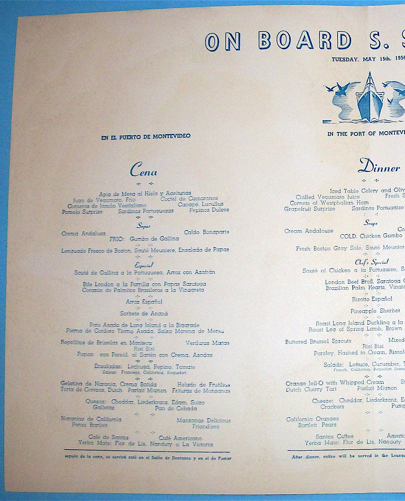 S. S. Brazil Menu (Moore Mc Cormack Lines) May 15, 1956