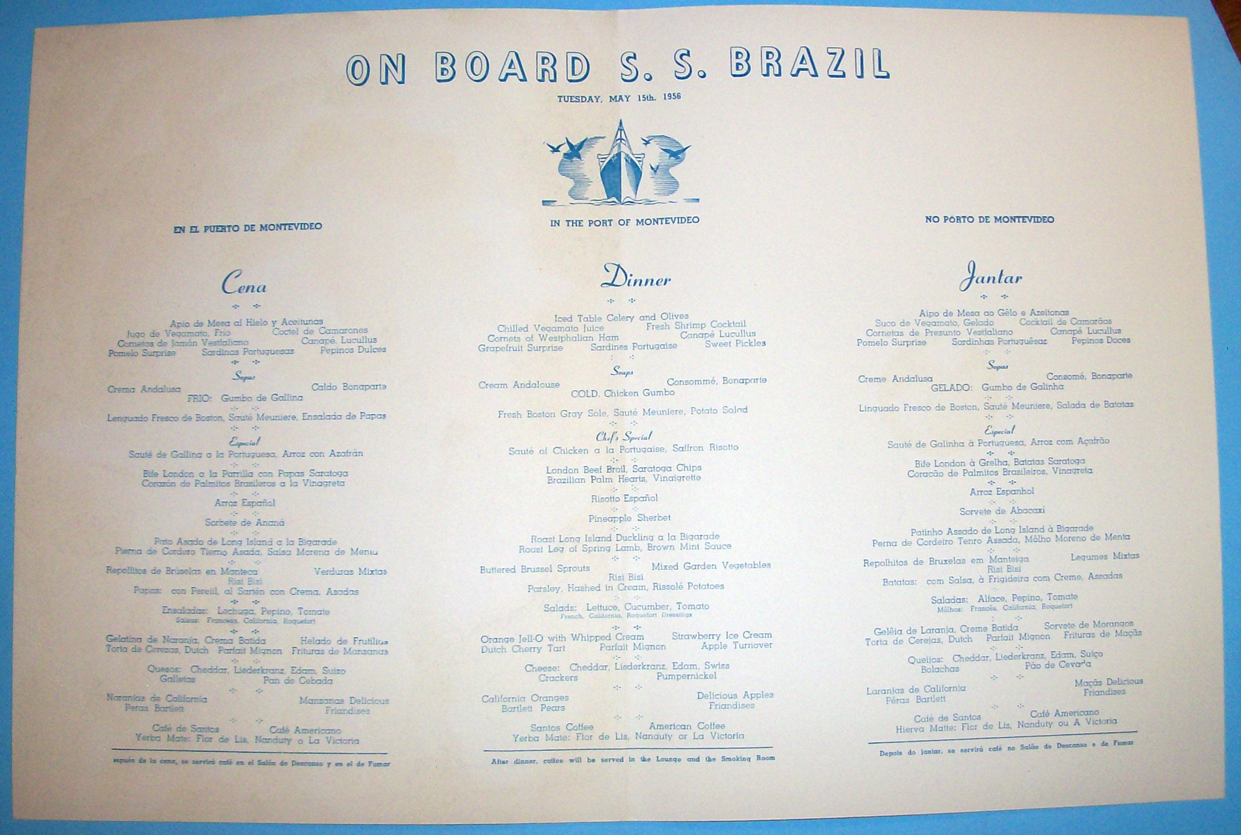 S. S. Brazil Menu (Moore Mc Cormack Lines) May 15, 1956
